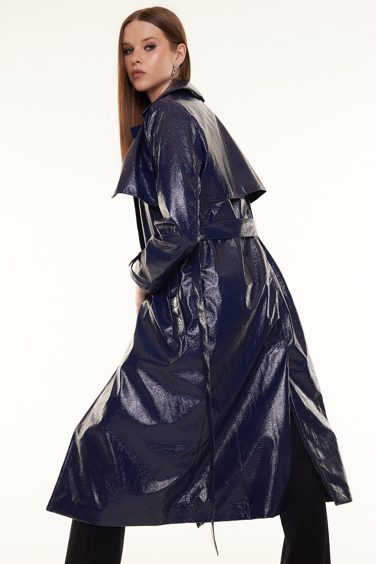 Navy Blue Oversize Wide Cut Patent Leather Trench Coat TWOSS24TR00022, Navy blue, large image number 1