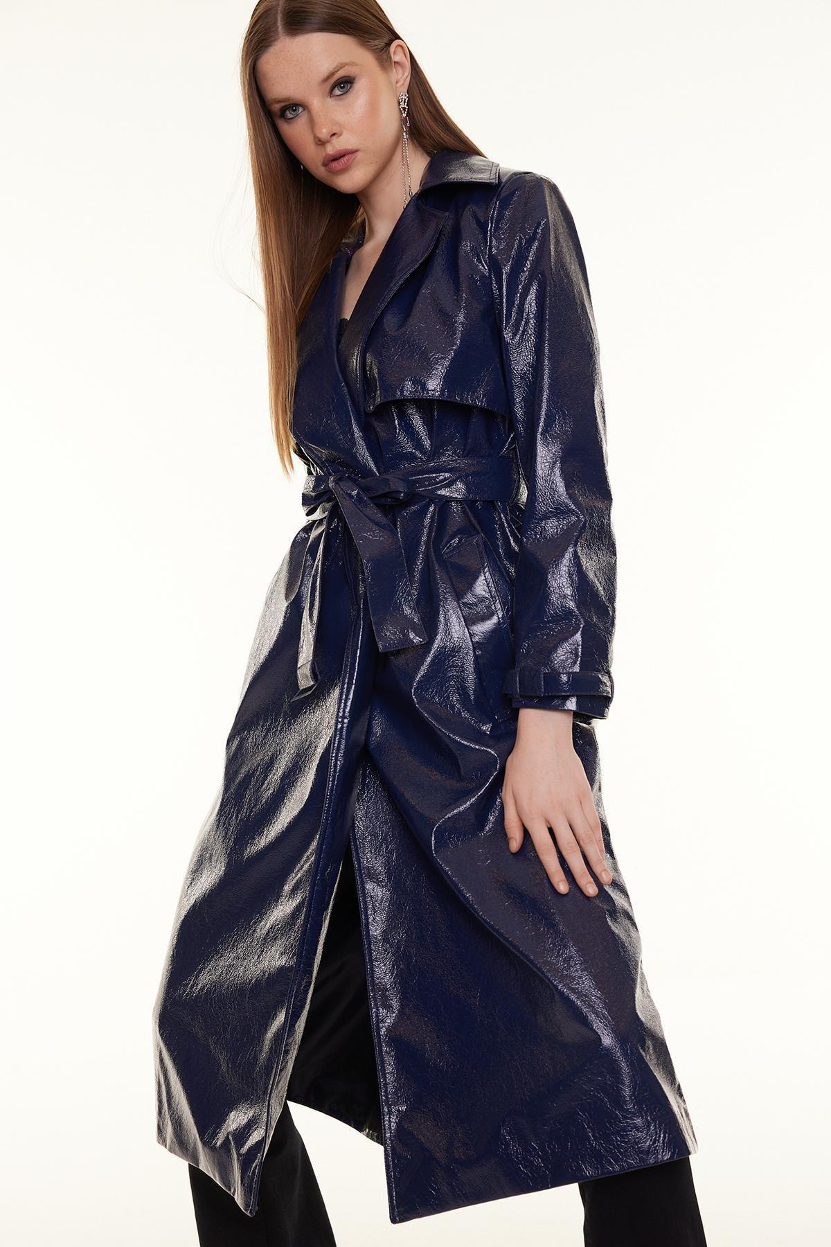 Navy Blue Oversize Wide Cut Patent Leather Trench Coat TWOSS24TR00022, Navy blue, large image number 2