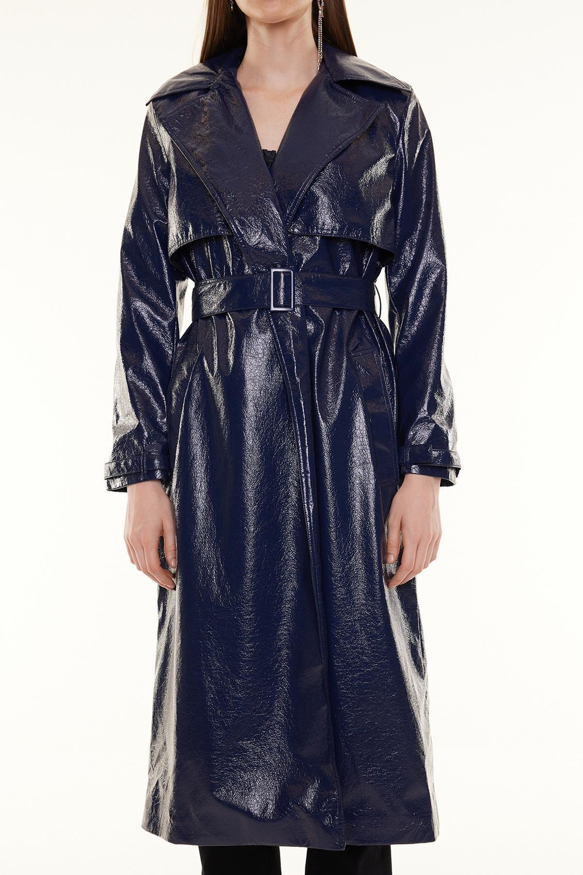 Navy Blue Oversize Wide Cut Patent Leather Trench Coat TWOSS24TR00022, Navy blue, large image number 4