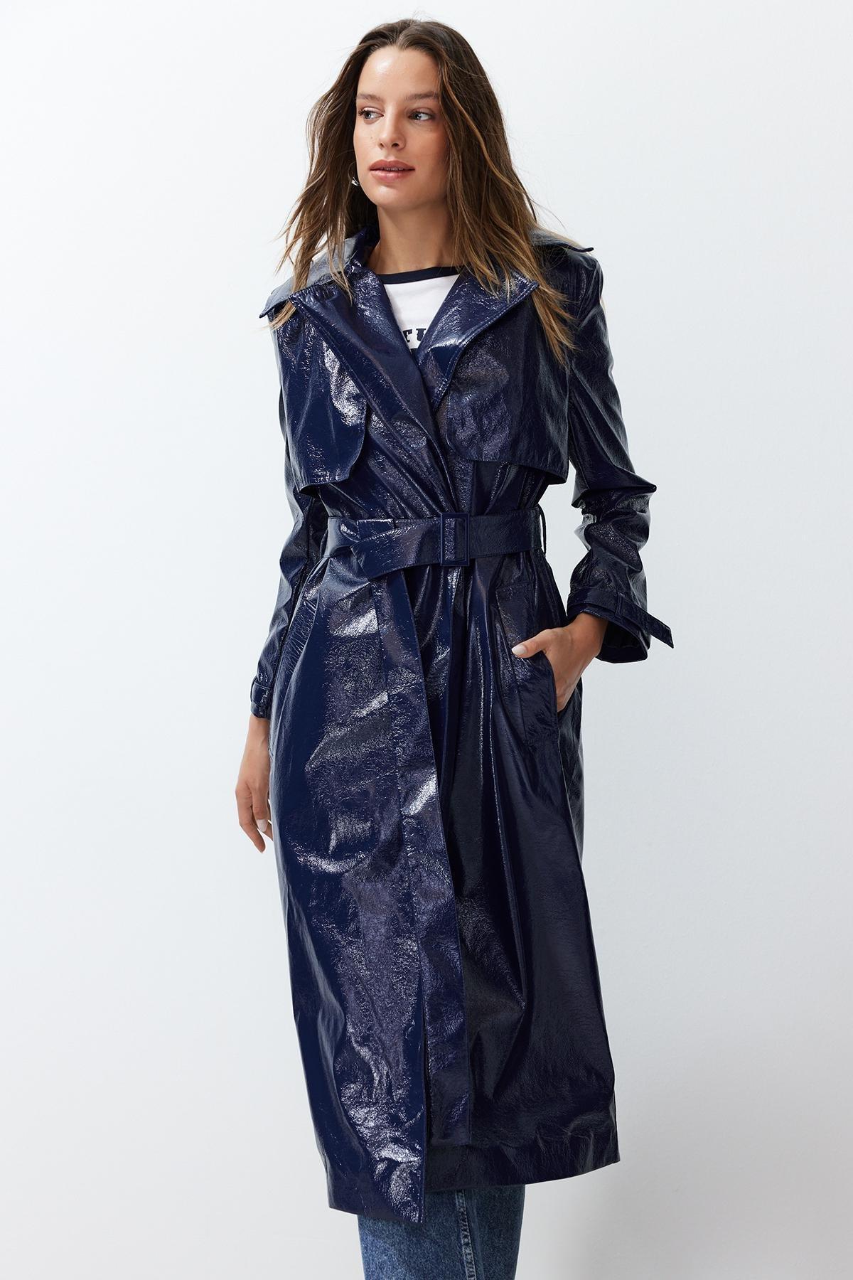 Navy Blue Oversize Wide Cut Patent Leather Trench Coat TWOSS24TR00022, Navy blue, large image number 5
