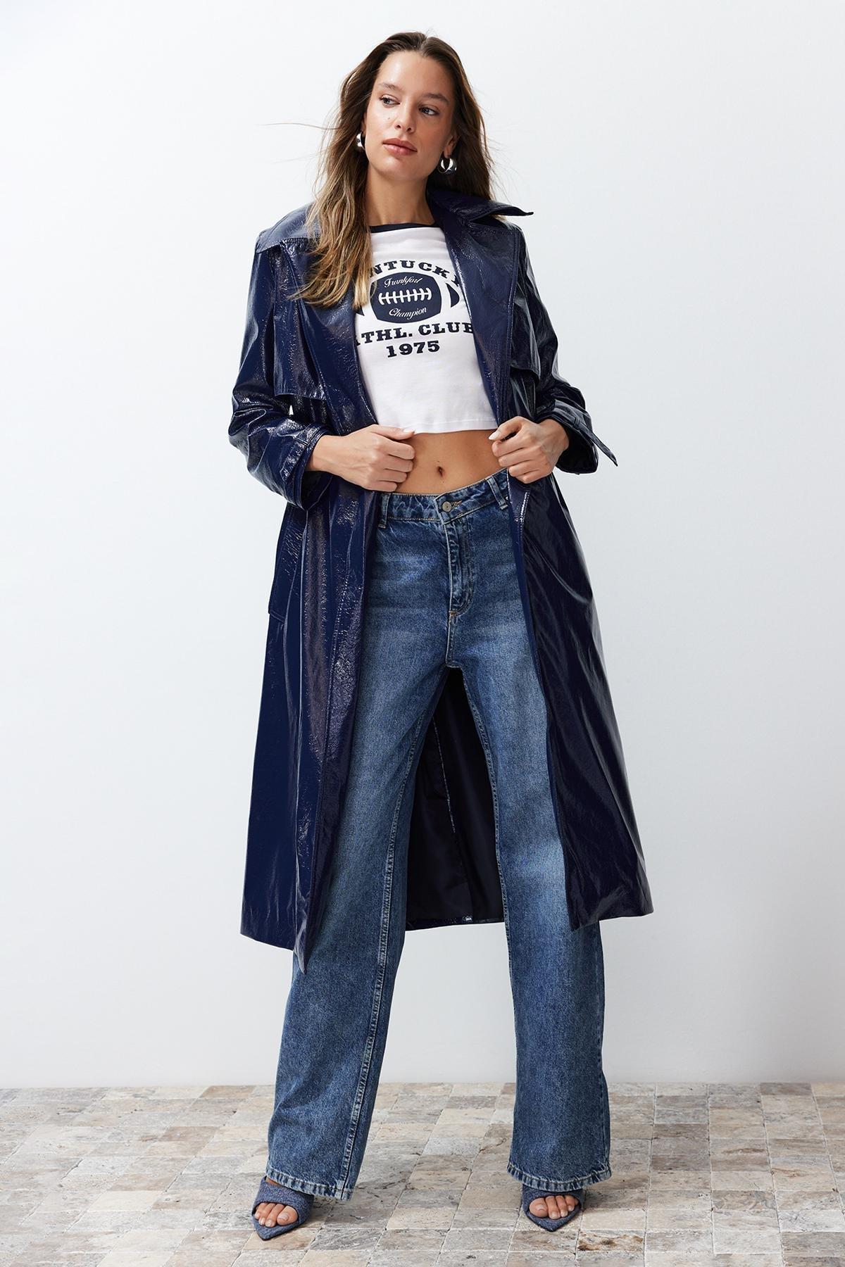 Navy Blue Oversize Wide Cut Patent Leather Trench Coat TWOSS24TR00022, Navy blue, large image number 6
