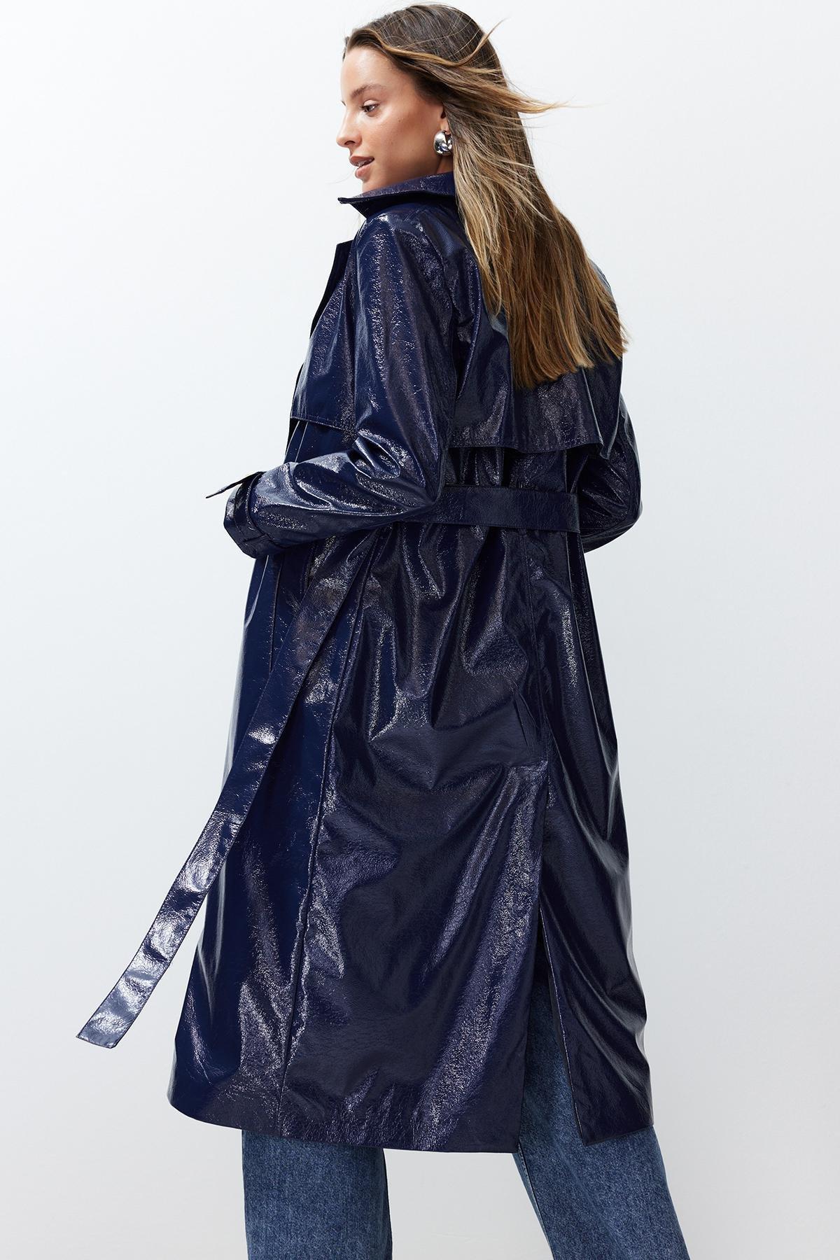 Navy Blue Oversize Wide Cut Patent Leather Trench Coat TWOSS24TR00022, Navy blue, large image number 7