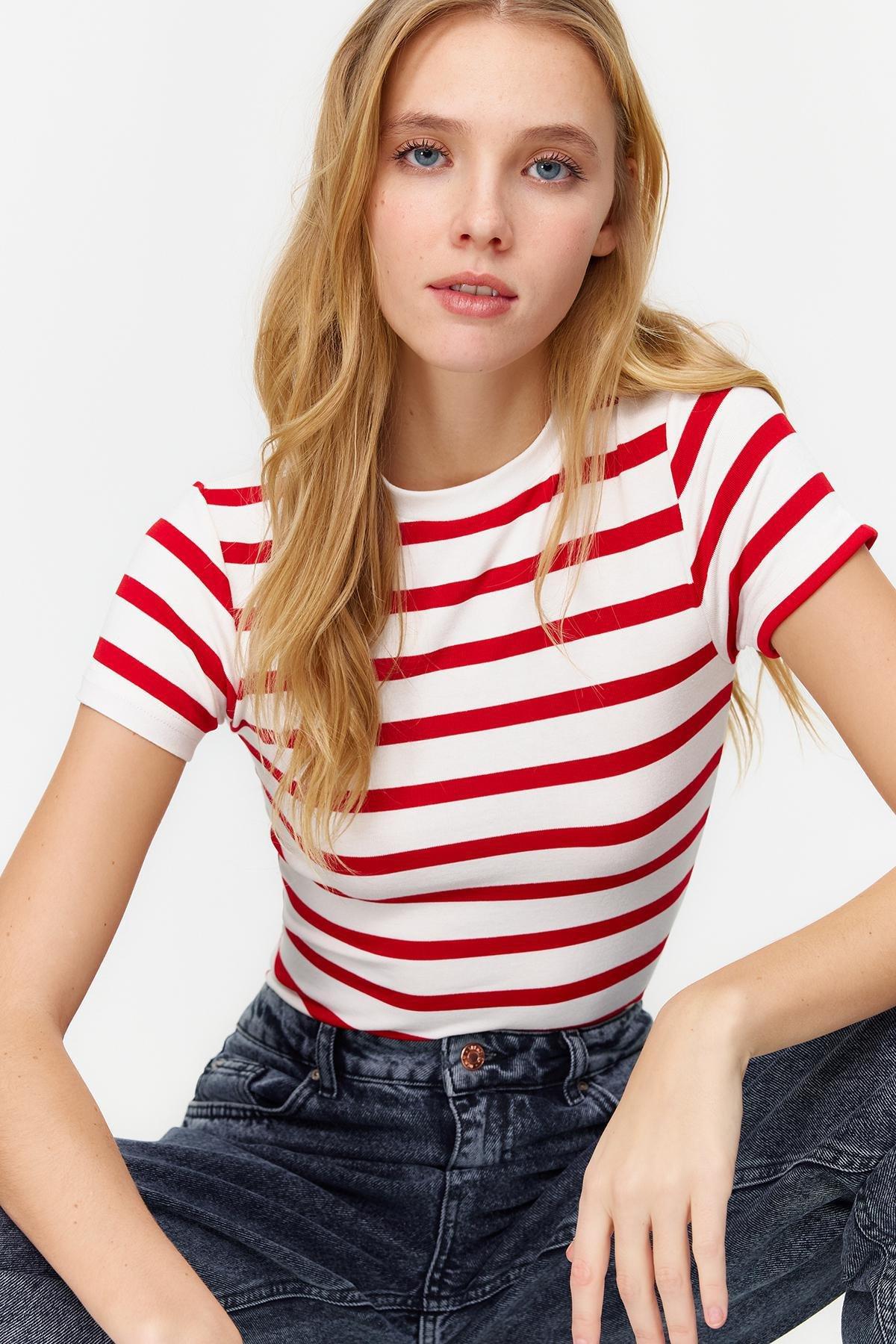 Red Striped Viscose Fabric Crew Neck Blouse, , large image number 0