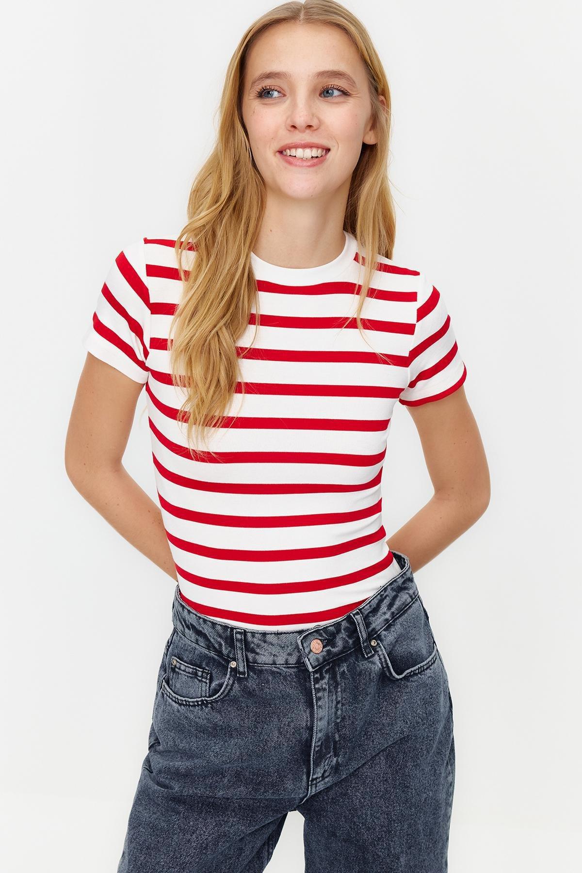 Red Striped Viscose Fabric Crew Neck Blouse, , large image number 1