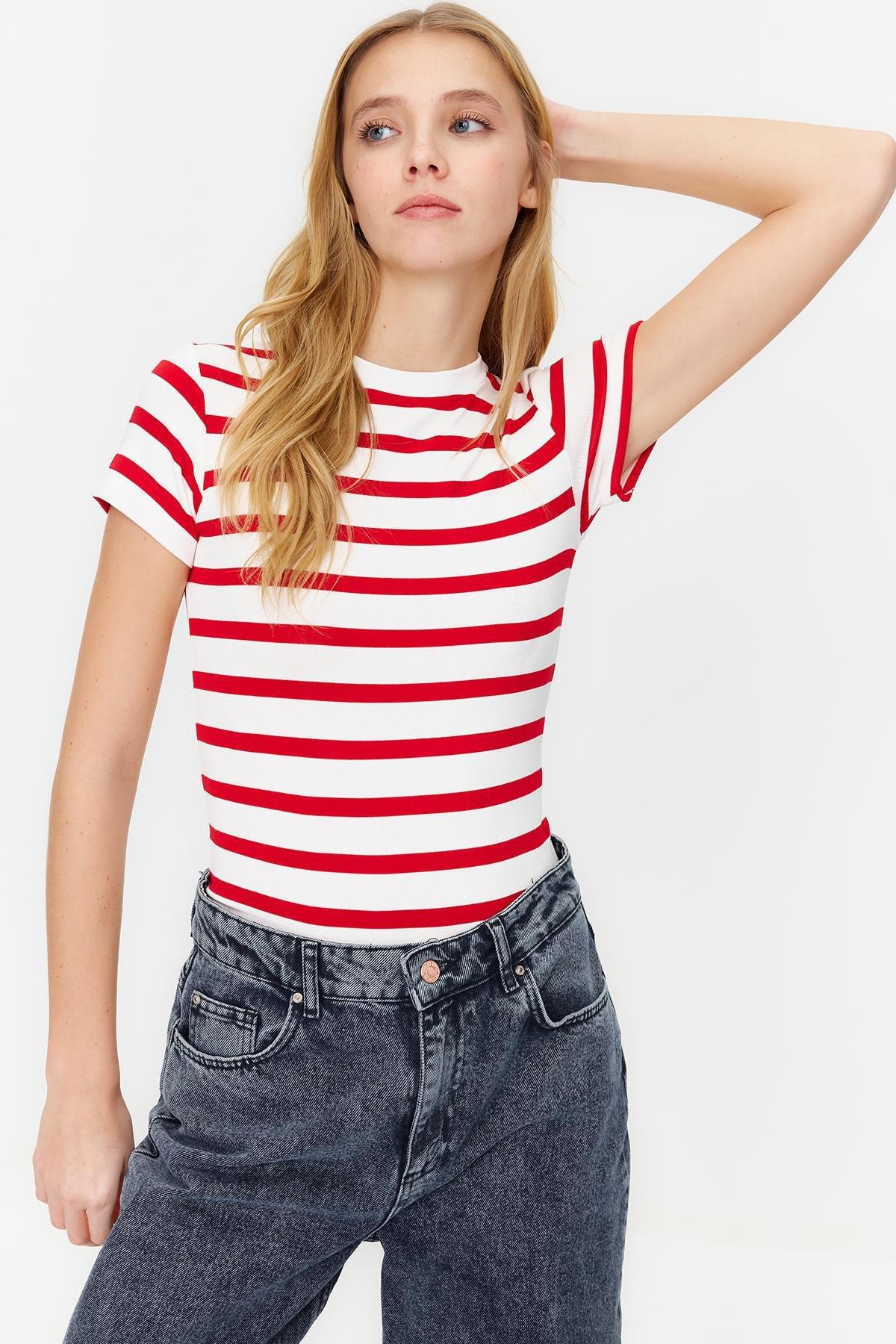 Red Striped Viscose Fabric Crew Neck Blouse, , large image number 2