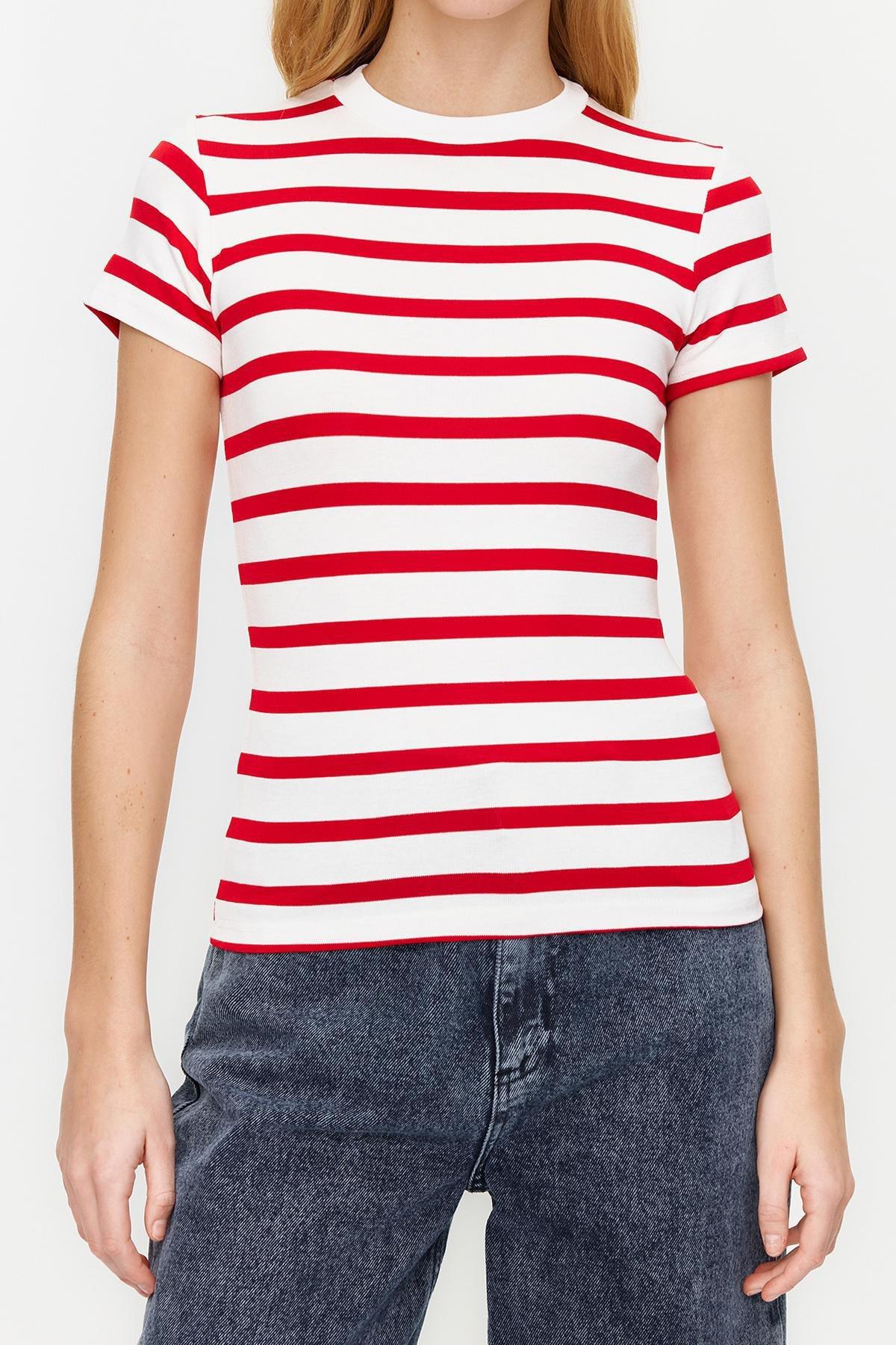 Red Striped Viscose Fabric Crew Neck Blouse, , large image number 3