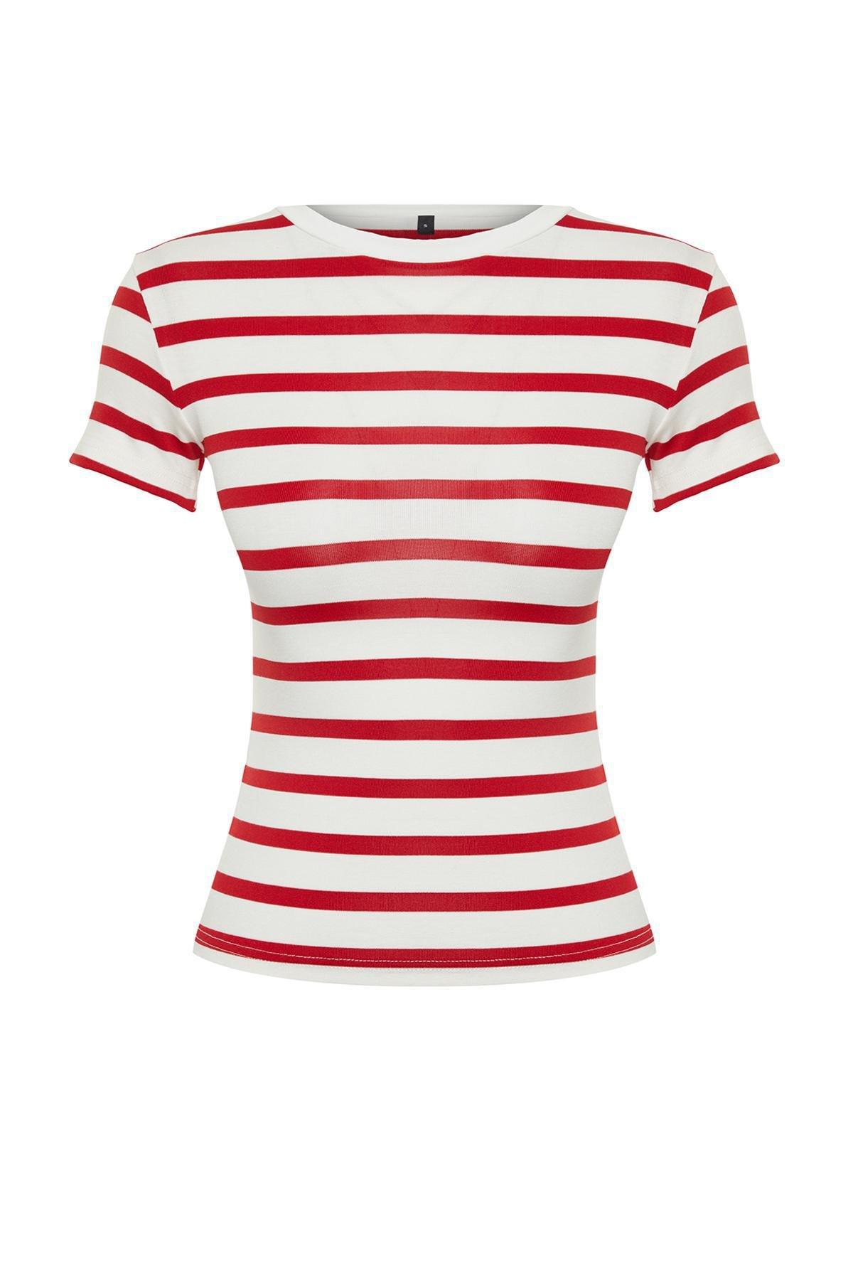 Red Striped Viscose Fabric Crew Neck Blouse, , large image number 5