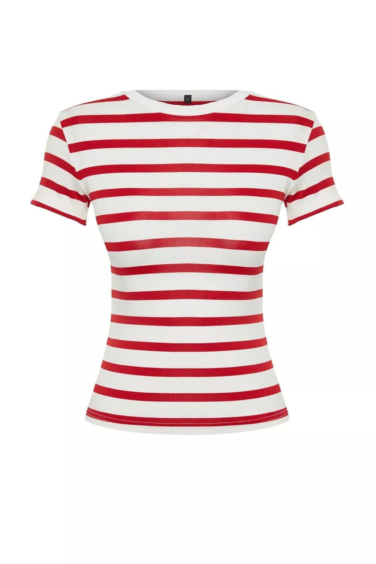 Red Striped Viscose Fabric Crew Neck Blouse, , large image number 5