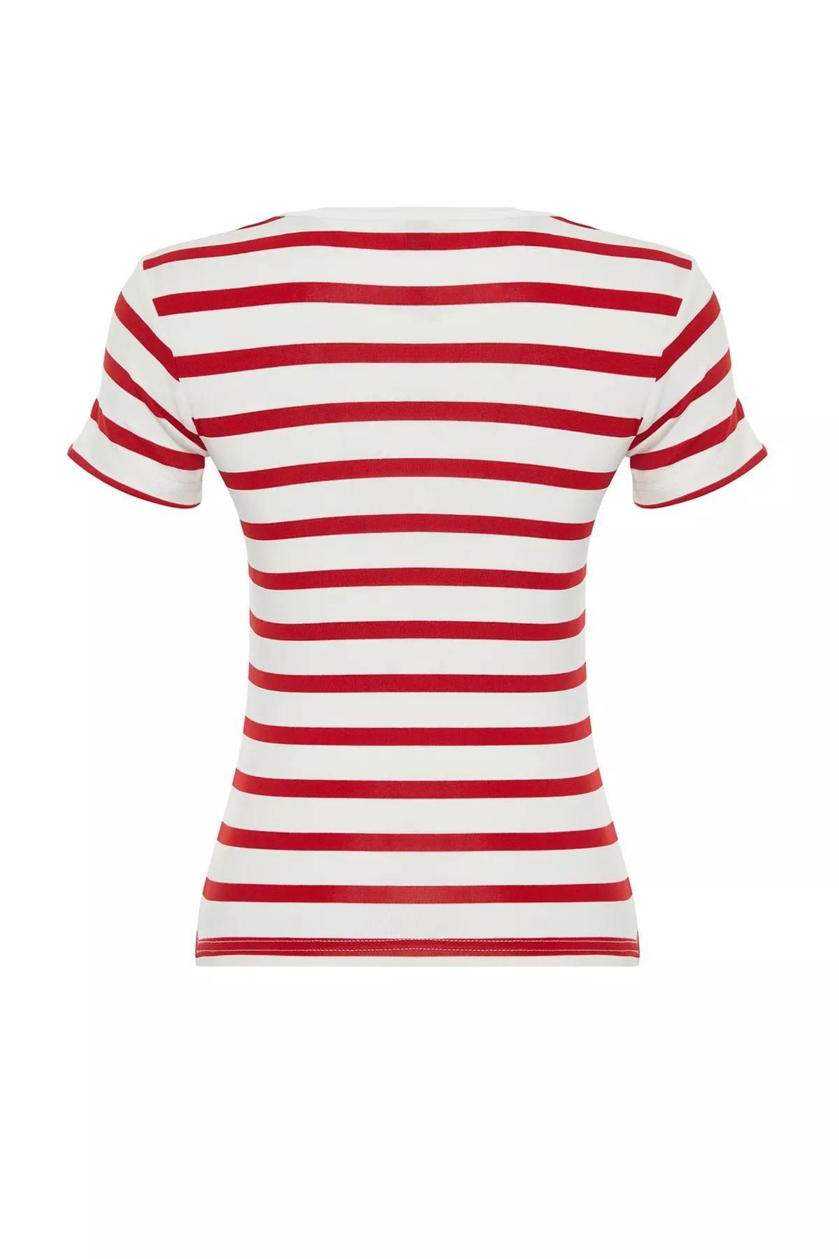 Red Striped Viscose Fabric Crew Neck Blouse, , large image number 6