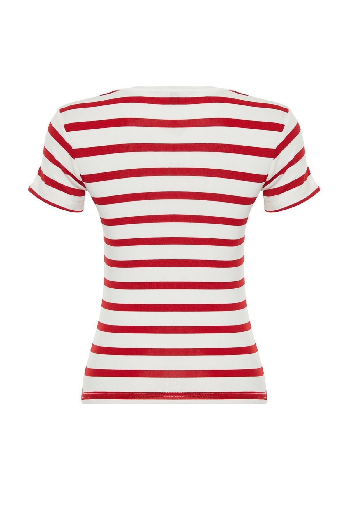 Red Striped Viscose Fabric Crew Neck Blouse, , large image number 6