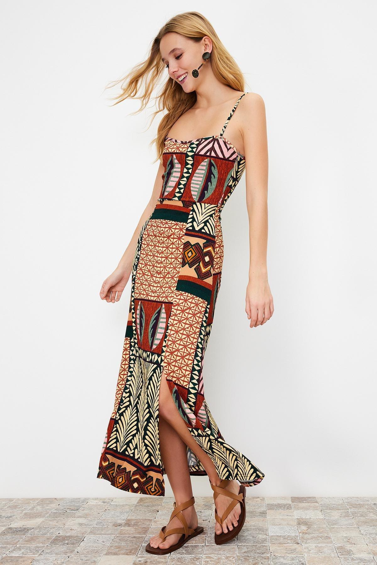 Multicolour Printed Midi Strap Midi Dress, , large image number 0