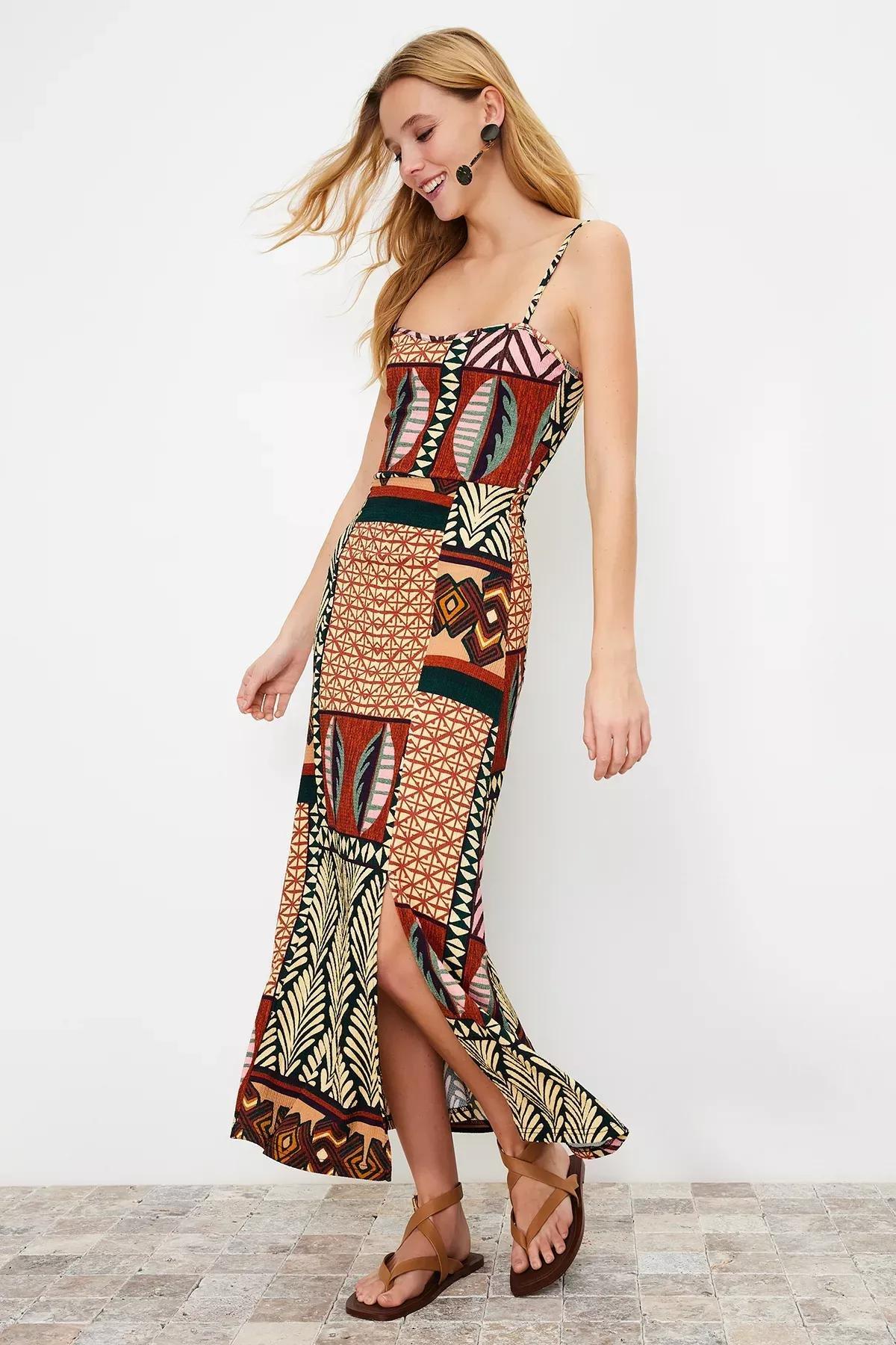 Multicolour Printed Midi Strap Midi Dress, , large image number 0