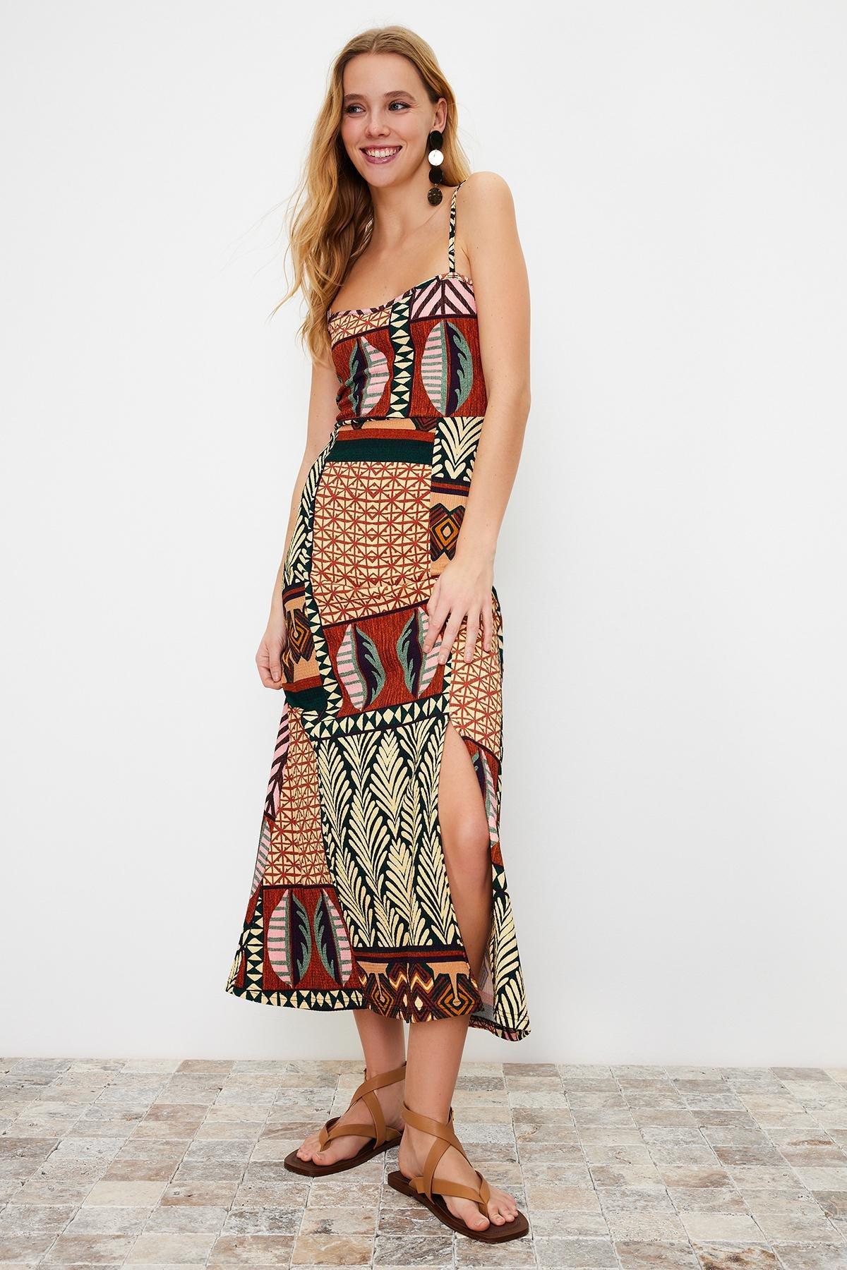 Multicolour Printed Midi Strap Midi Dress, , large image number 1