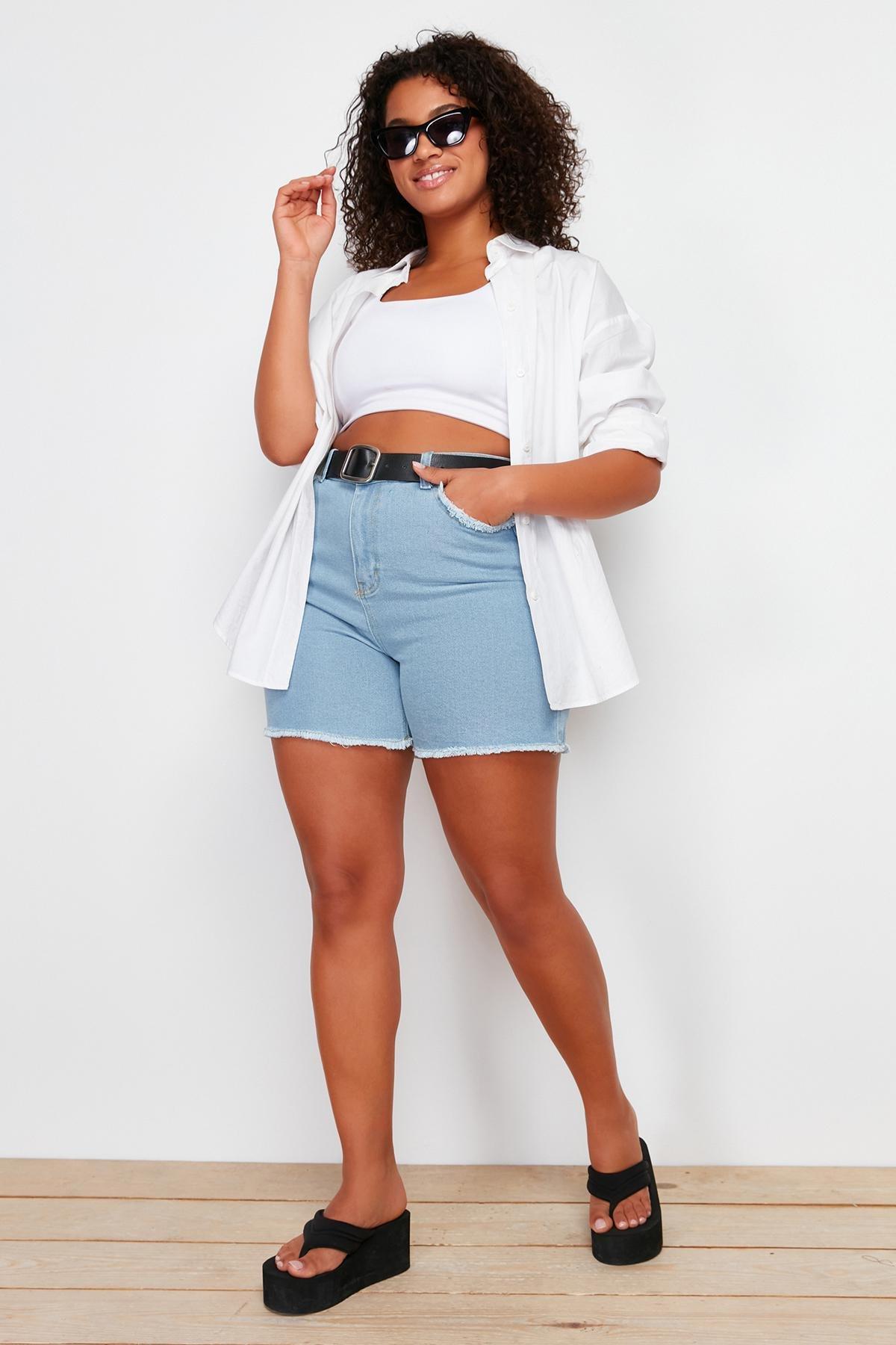 Blue Detailed Mini Denim Shorts, , large image number 0