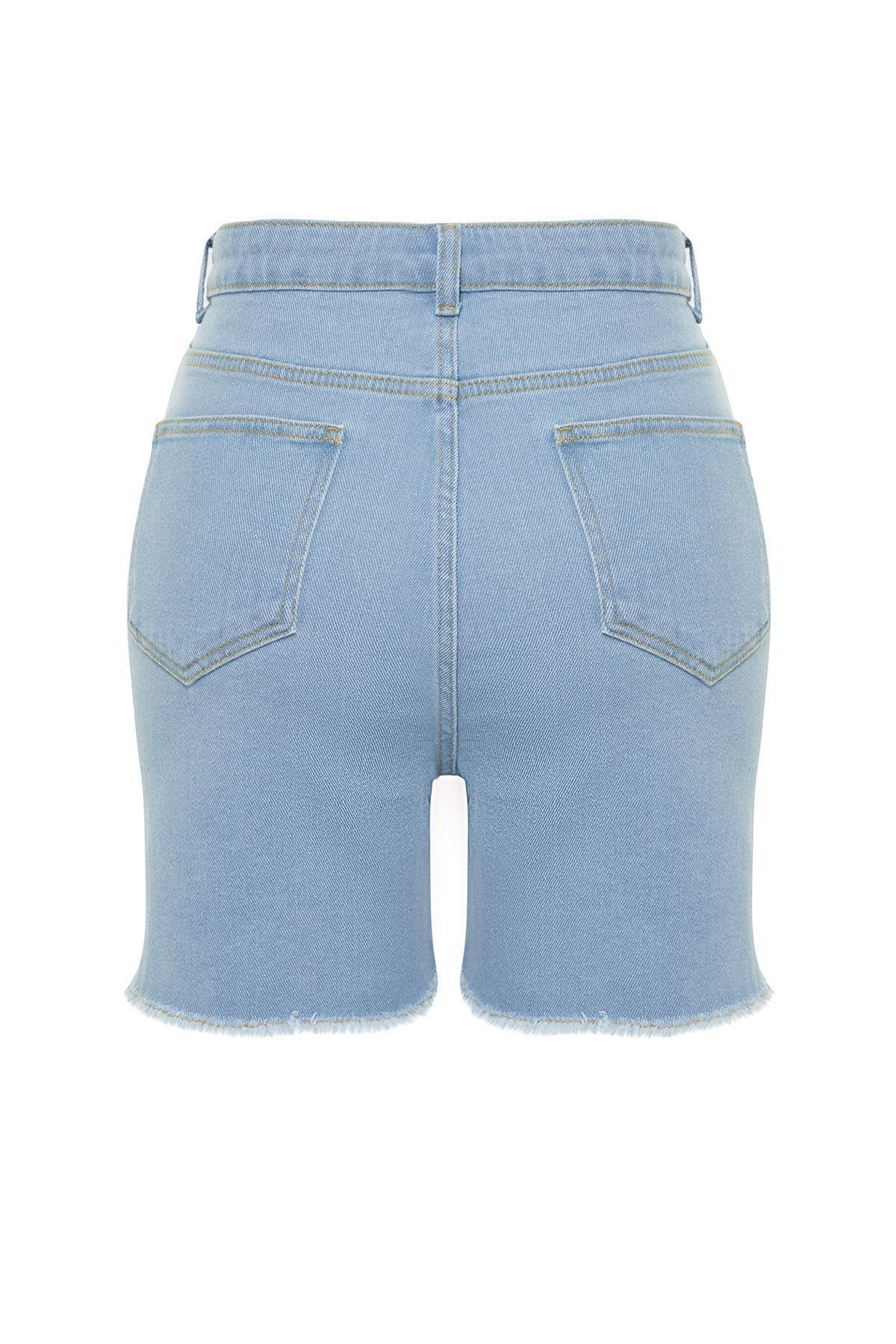 Blue Detailed Mini Denim Shorts, , large image number 1