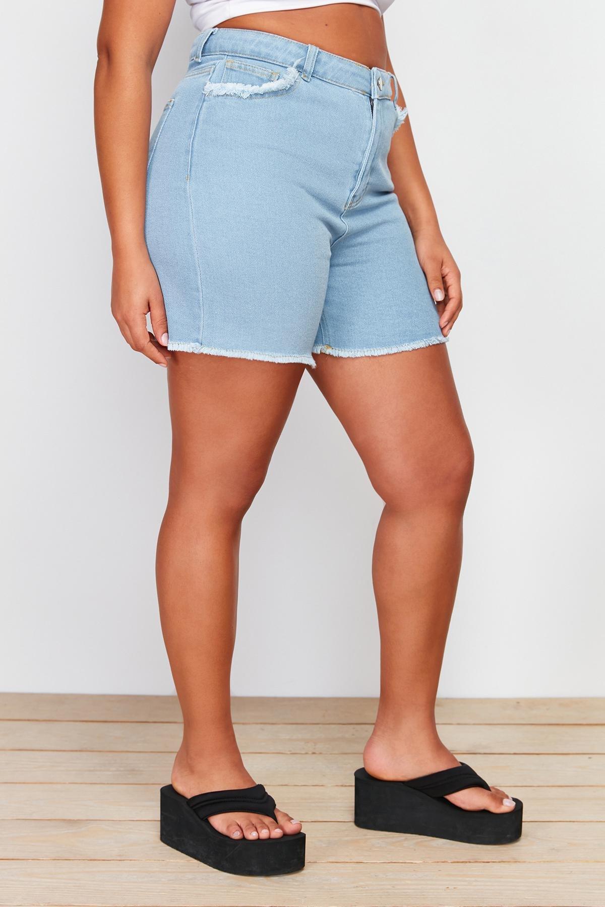Blue Detailed Mini Denim Shorts, , large image number 4