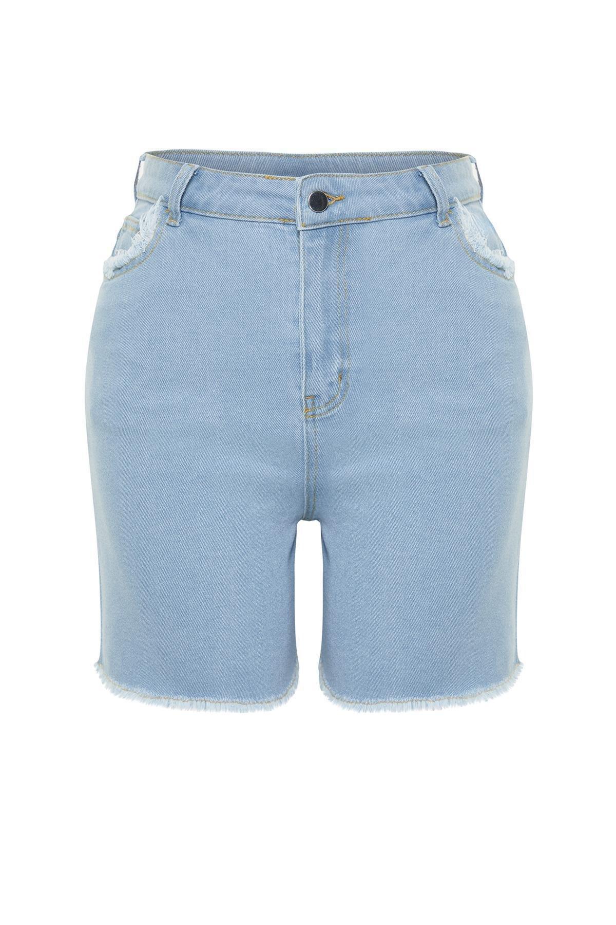 Blue Detailed Mini Denim Shorts, , large image number 6