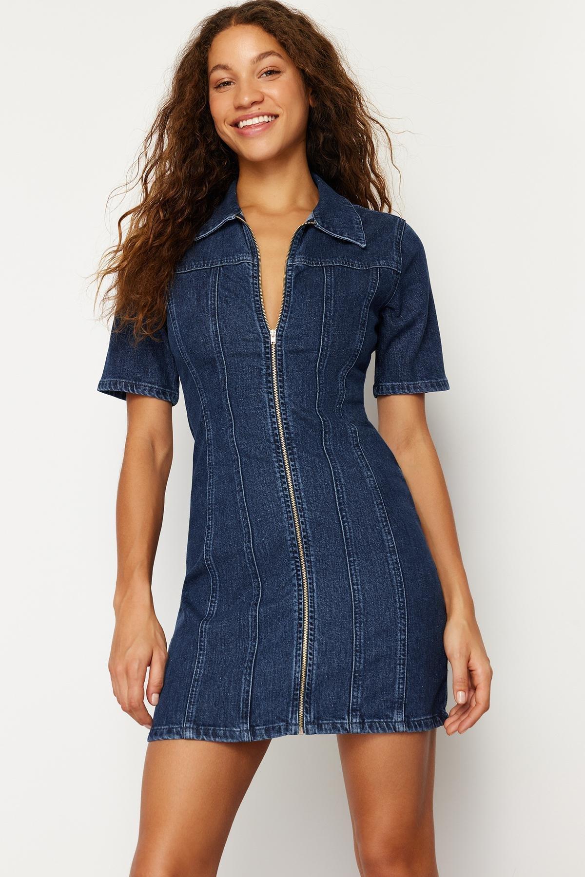 Navy Zippered Fitted Mini Denim Dress, , large image number 2