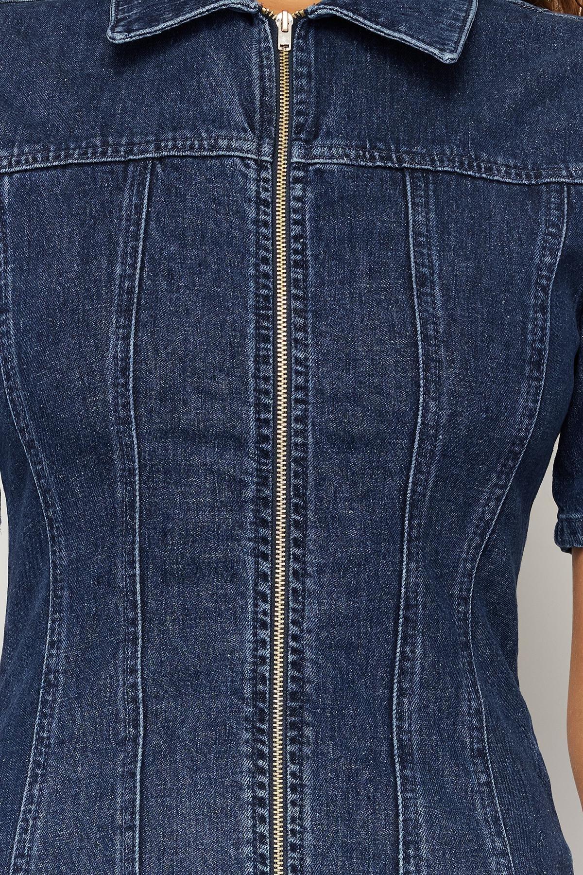 Navy Zippered Fitted Mini Denim Dress, , large image number 3
