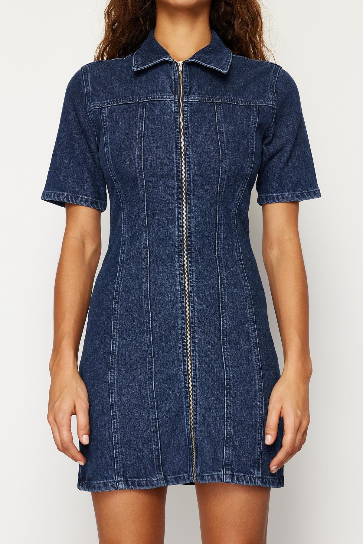 Navy Zippered Fitted Mini Denim Dress, , large image number 4