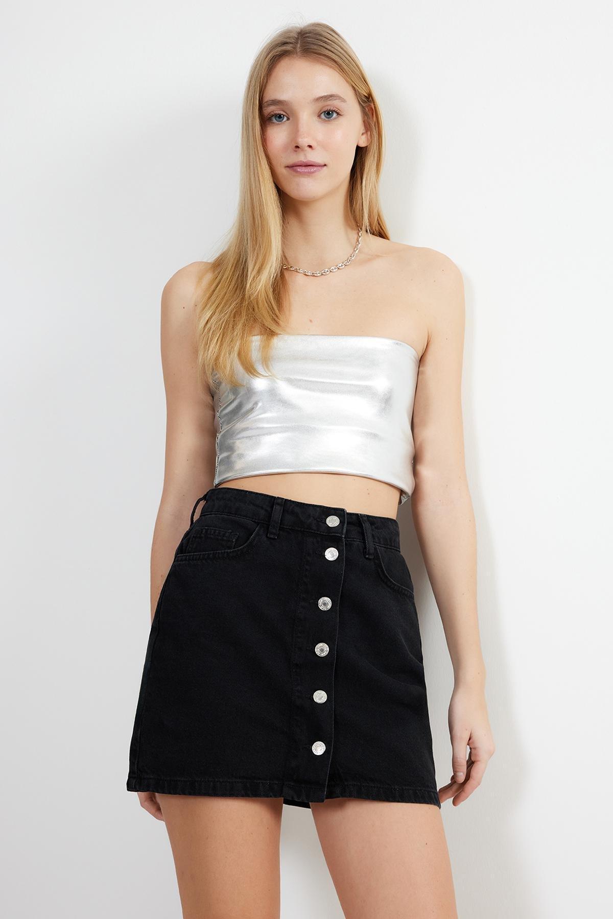 Black High Waist Mini Denim Skirt, , large image number 2