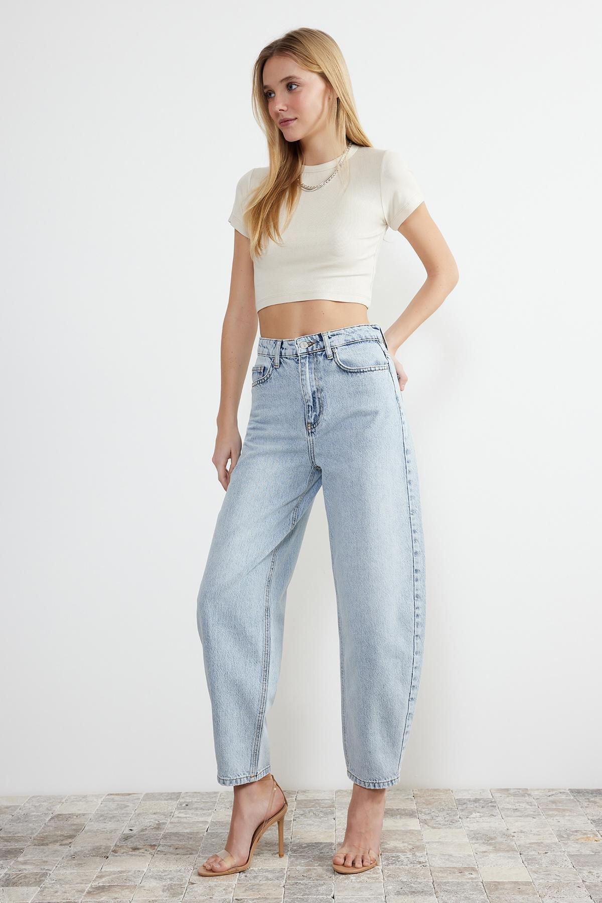 Blue High Waist Barrel Jeans, , medium