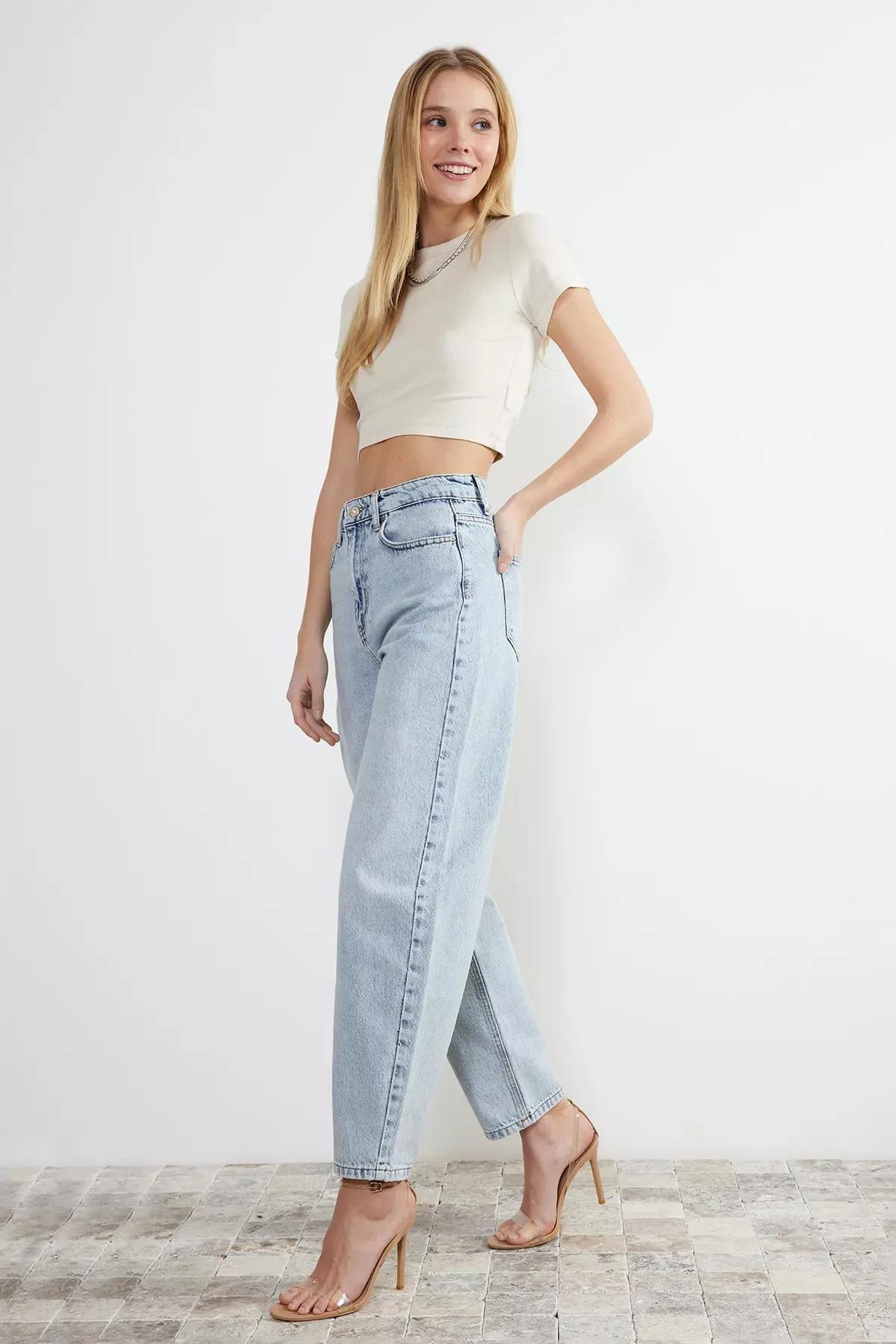 Blue High Waist Barrel Jeans, , large image number 1