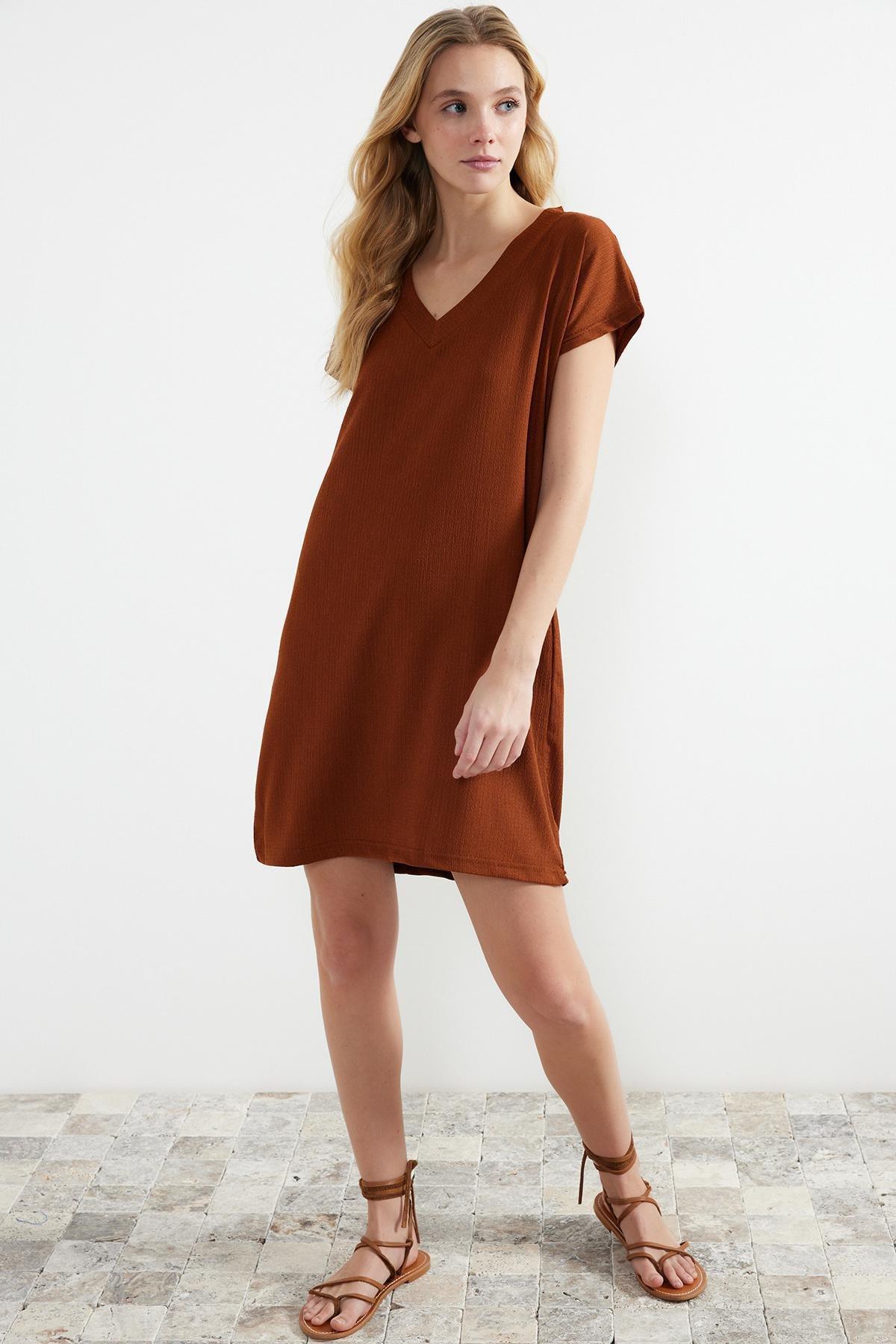 Brown Wrap V-Neck Shift Mini Dress, Tile, large image number 0