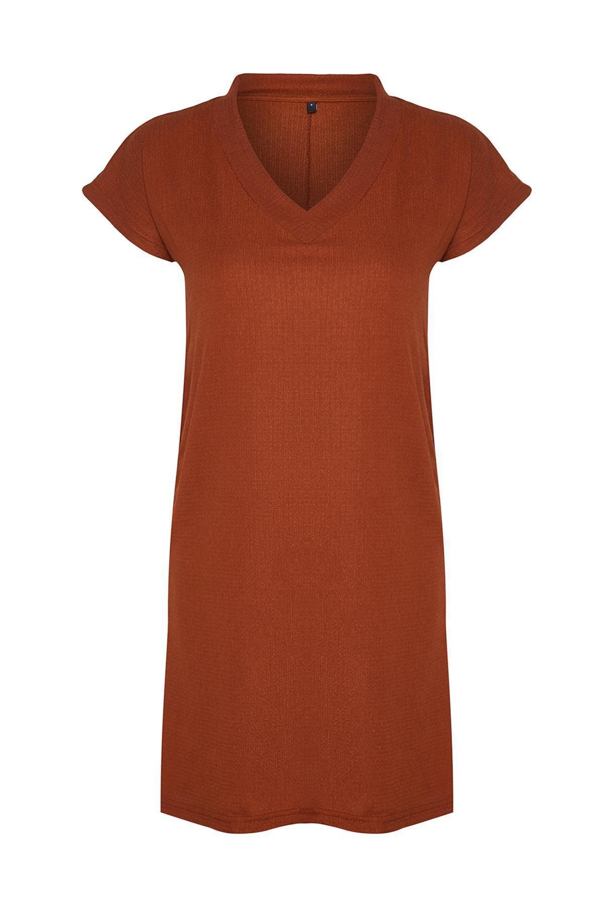 Brown Wrap V-Neck Shift Mini Dress, Tile, large image number 5