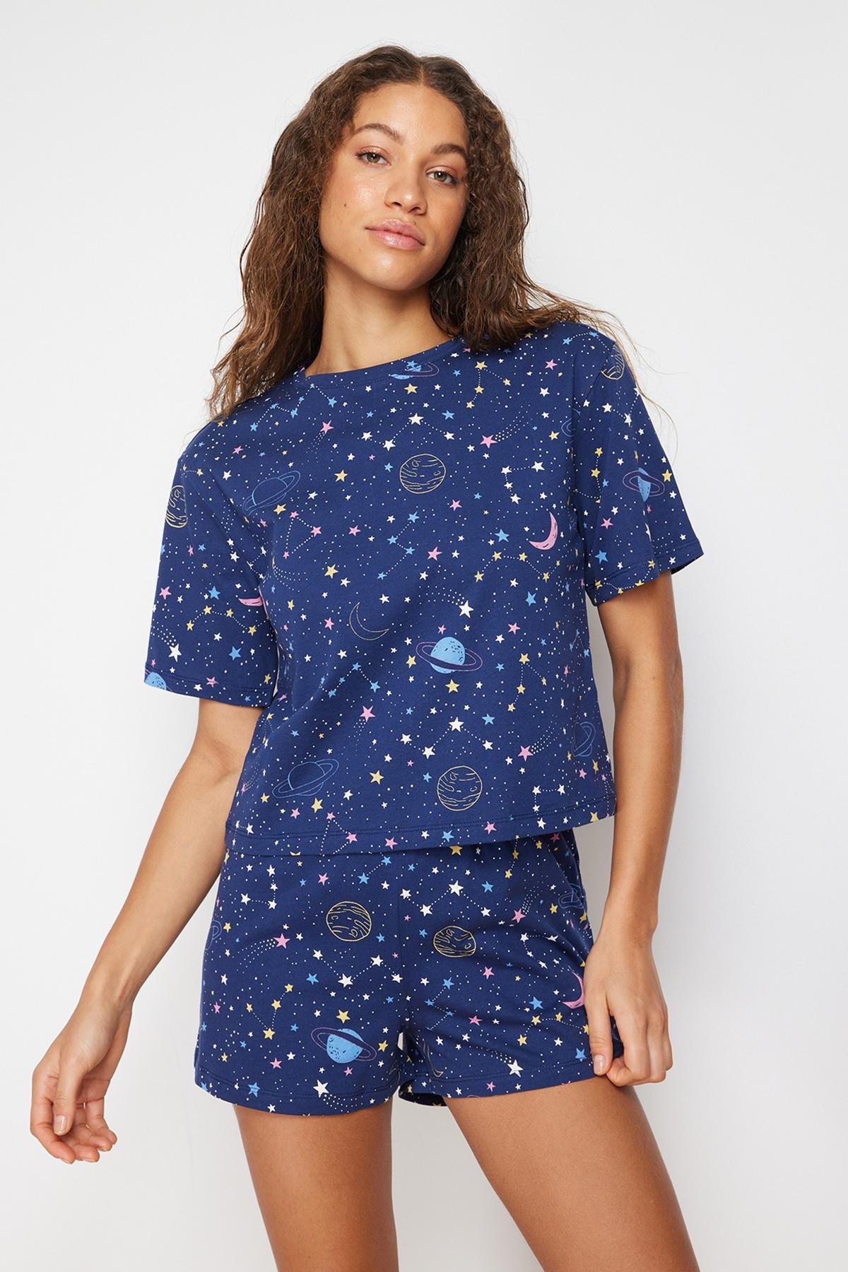 Trendyol - Navy Cotton Galaxy Patterned Pajamas Set