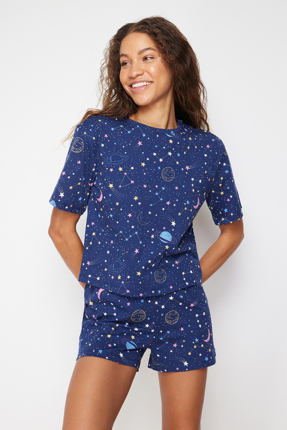 Trendyol - Navy Cotton Galaxy Patterned Pajamas Set