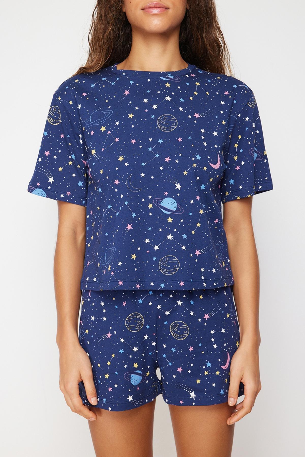 Trendyol - Navy Cotton Galaxy Patterned Pajamas Set