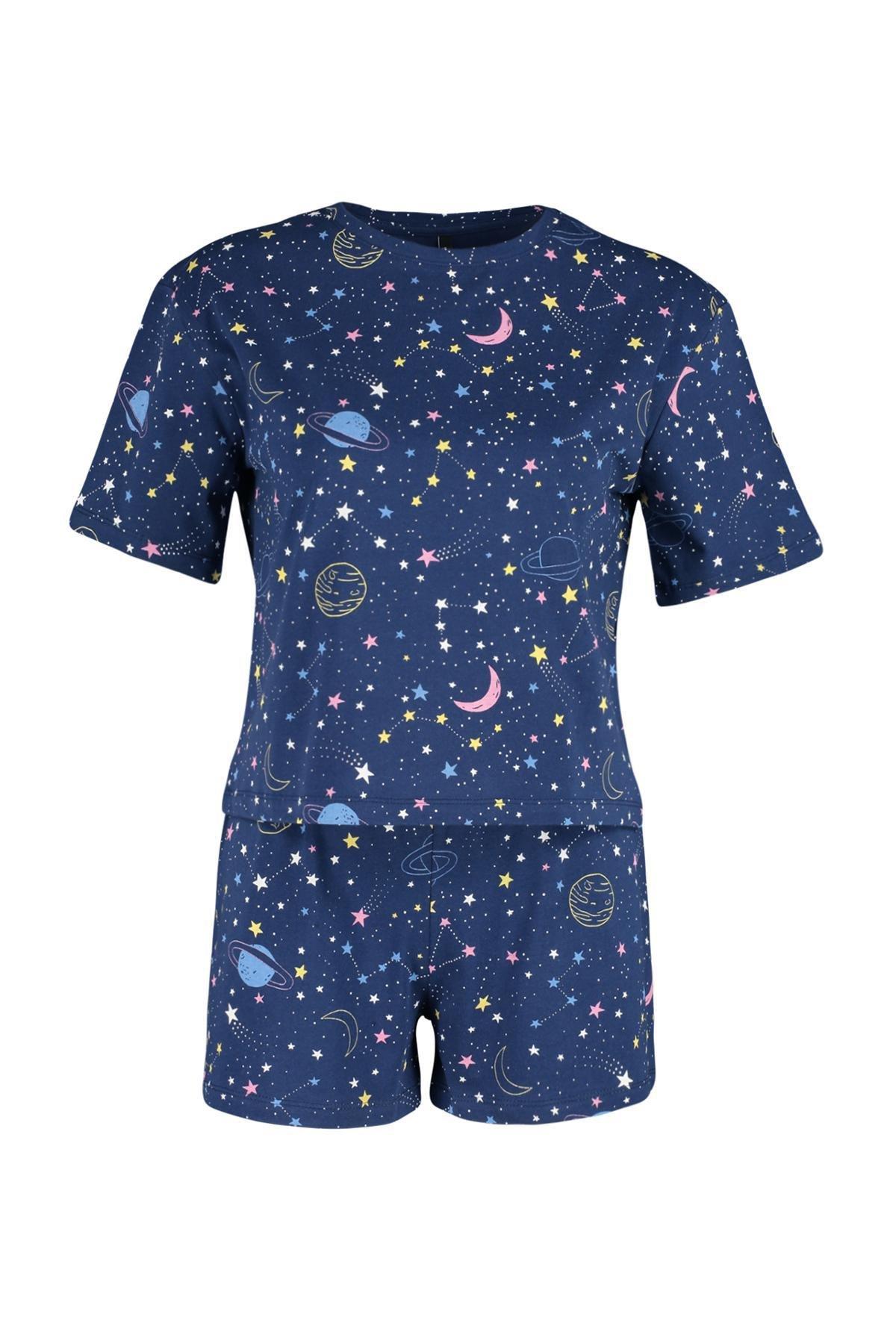 Trendyol - Navy Cotton Galaxy Patterned Pajamas Set