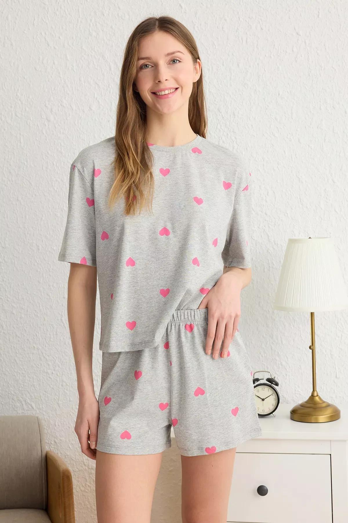 Grey Heart Shorts Pajama Set, , large image number 0