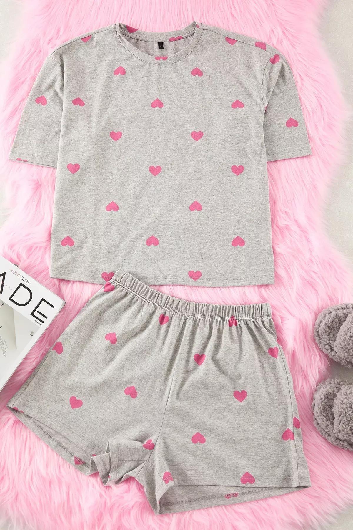 Grey Heart Shorts Pajama Set, , large image number 4