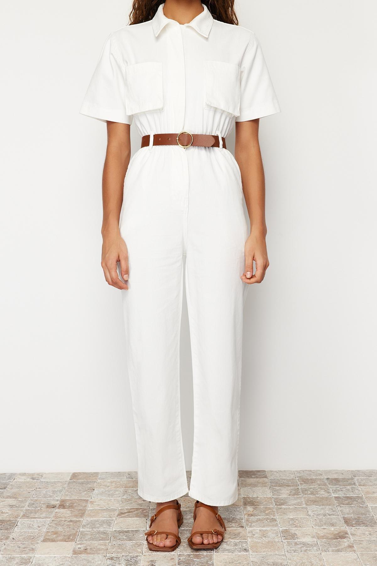 Trendyol - White Short Sleeve Belted Denim Jumpsuit