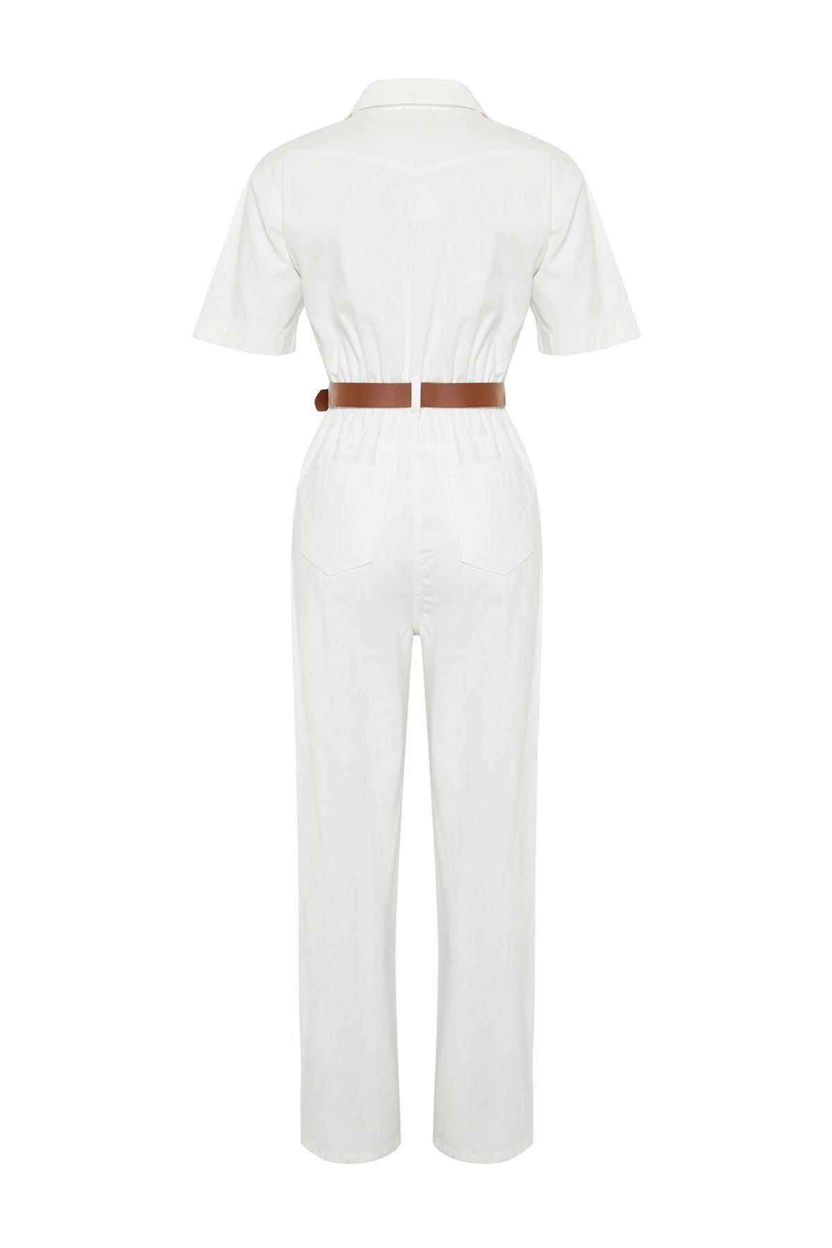 Trendyol - White Short Sleeve Belted Denim Jumpsuit