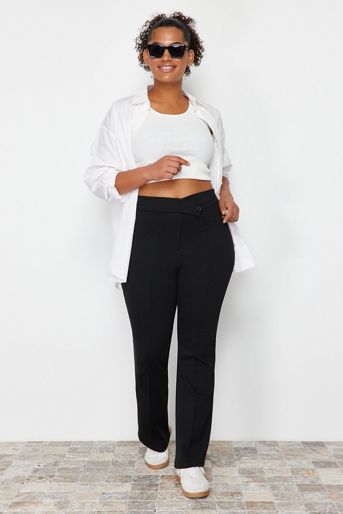 Black Asymmetric Waist Detailed Knitted Trousers, , large image number 0