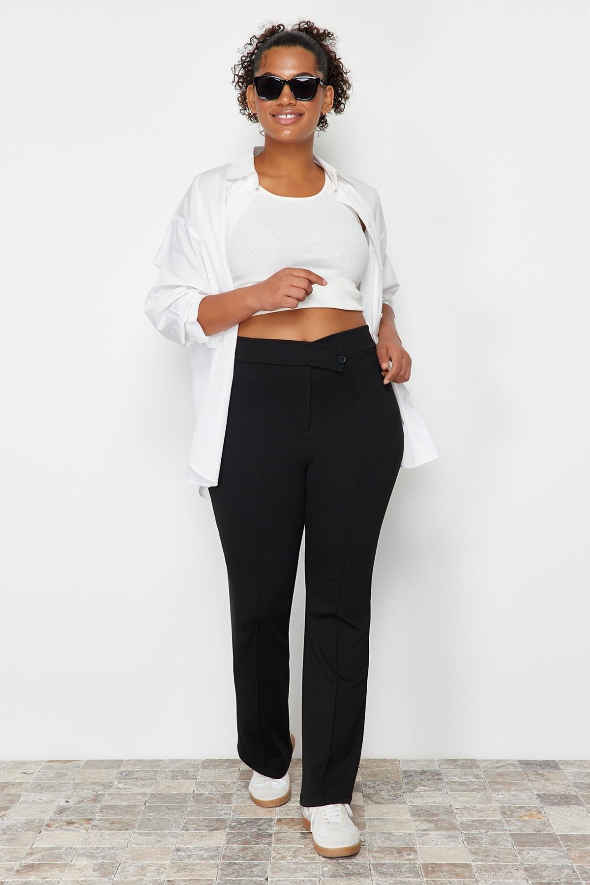 Black Asymmetric Waist Detailed Knitted Trousers, , large image number 1