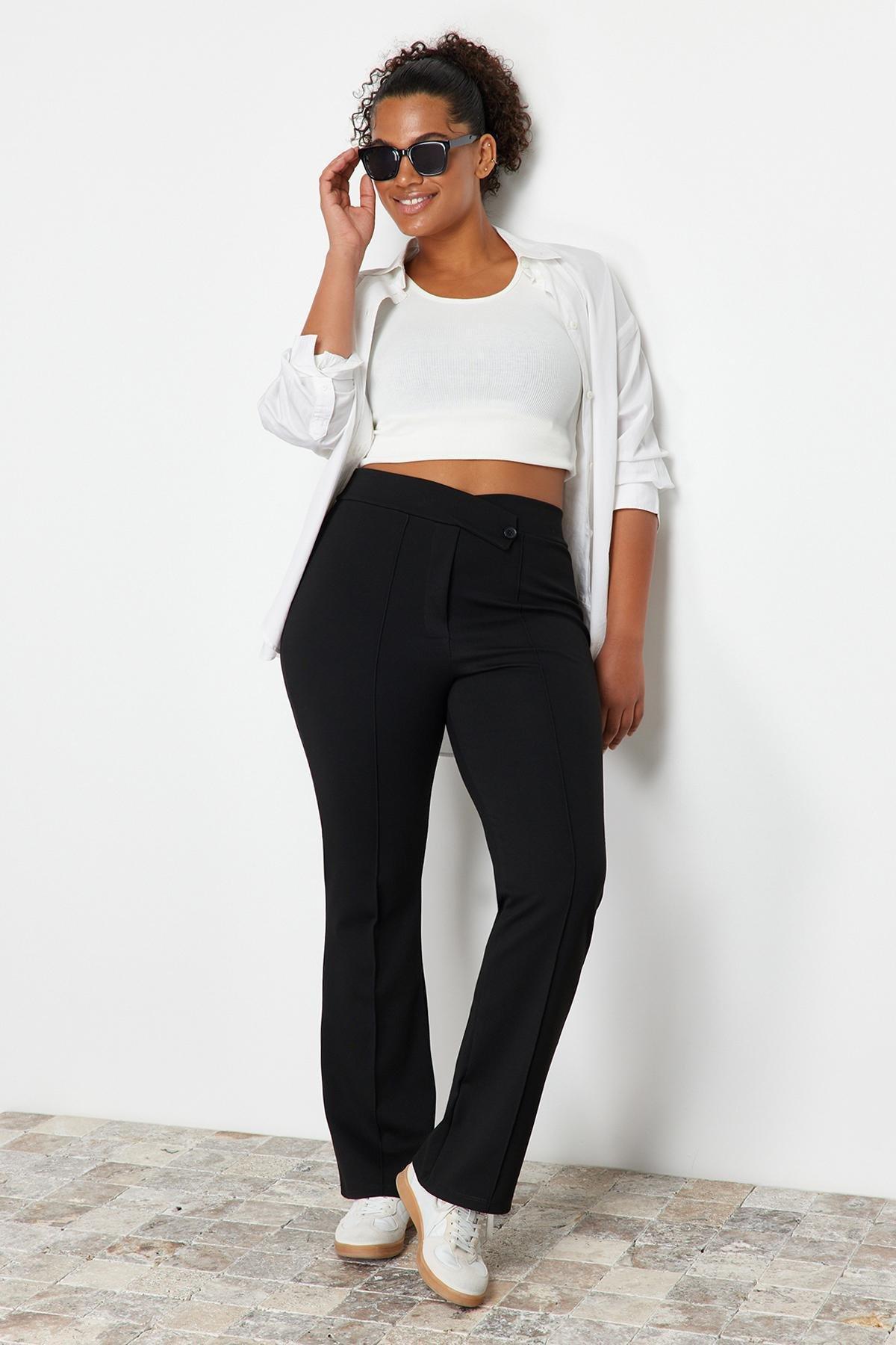 Black Asymmetric Waist Detailed Knitted Trousers, , large image number 5