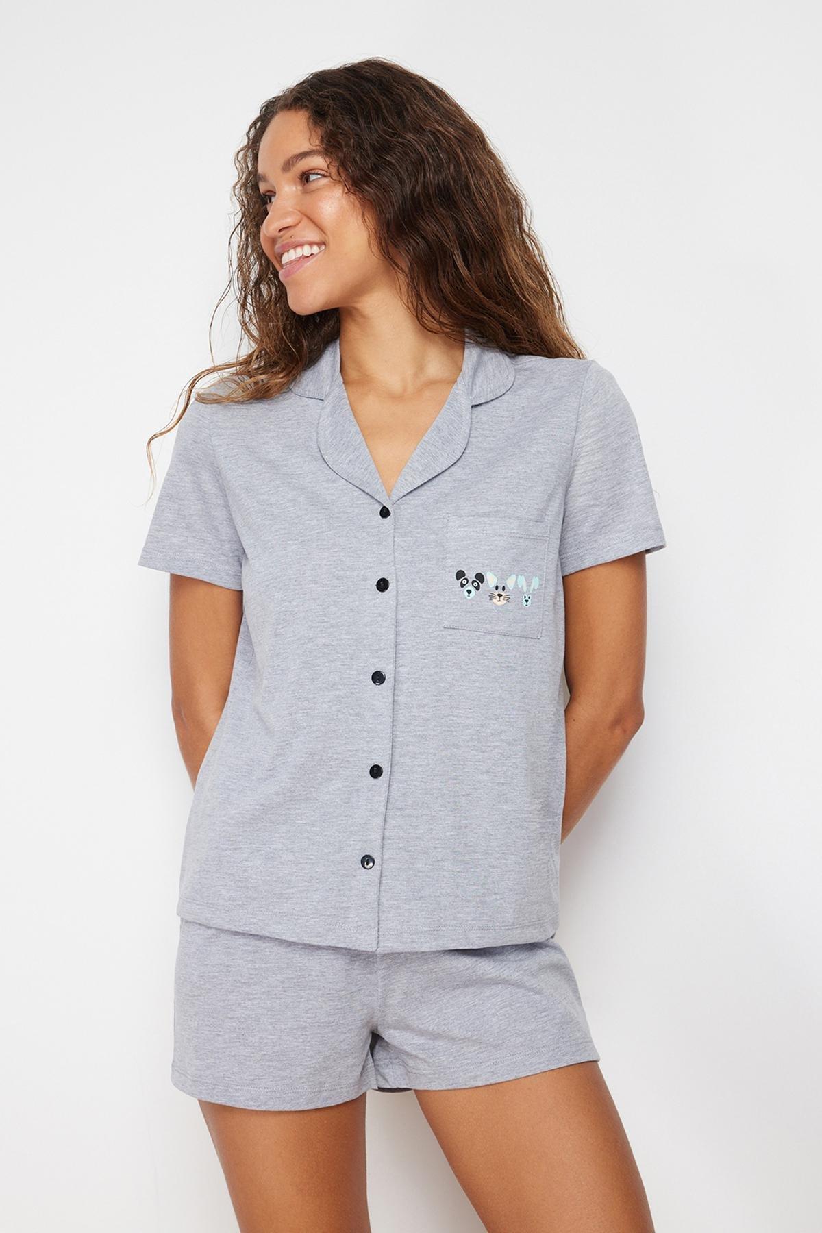 Trendyol - Gray Animal Printed Knitted Pyjamas Set