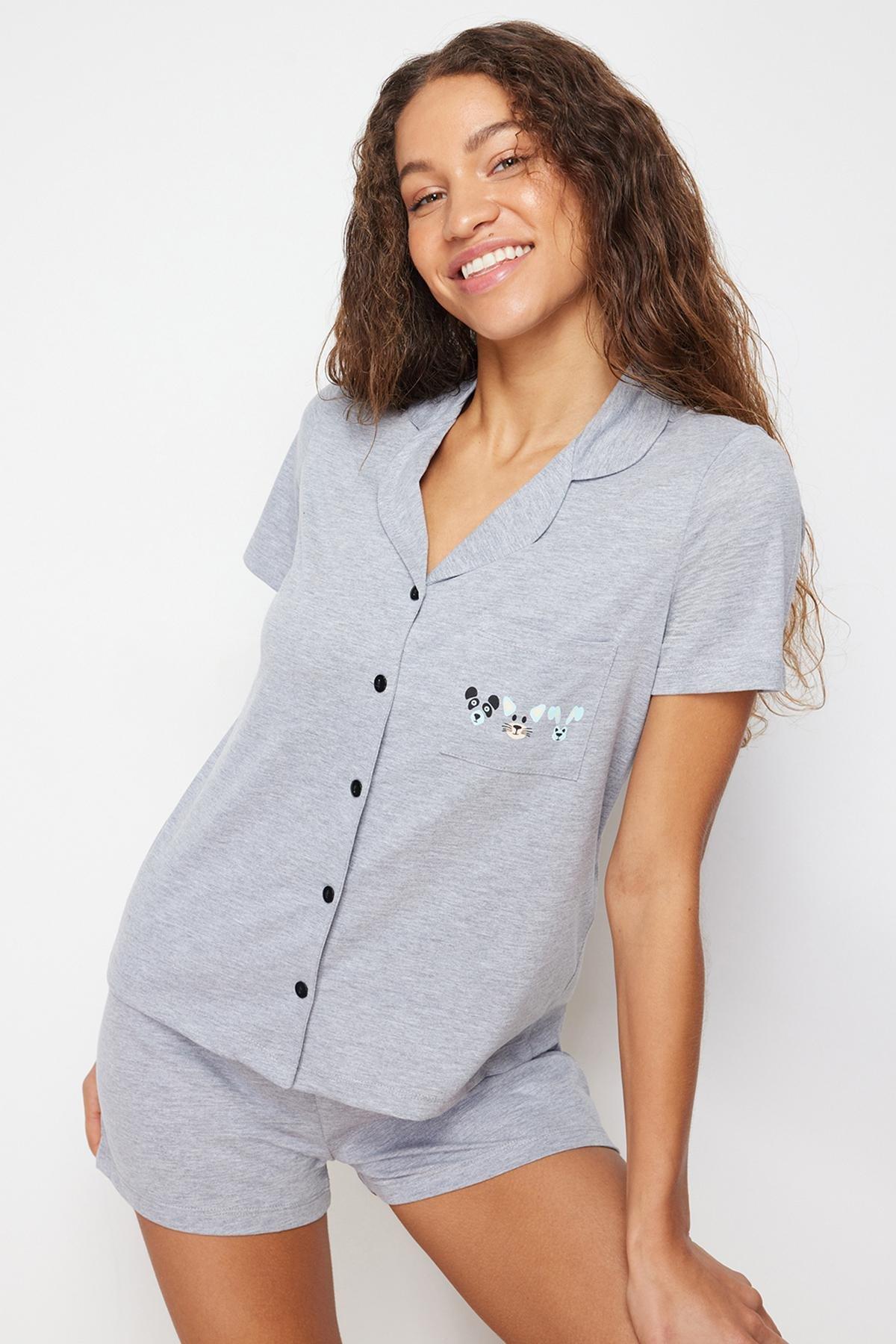 Trendyol - Gray Animal Printed Knitted Pyjamas Set