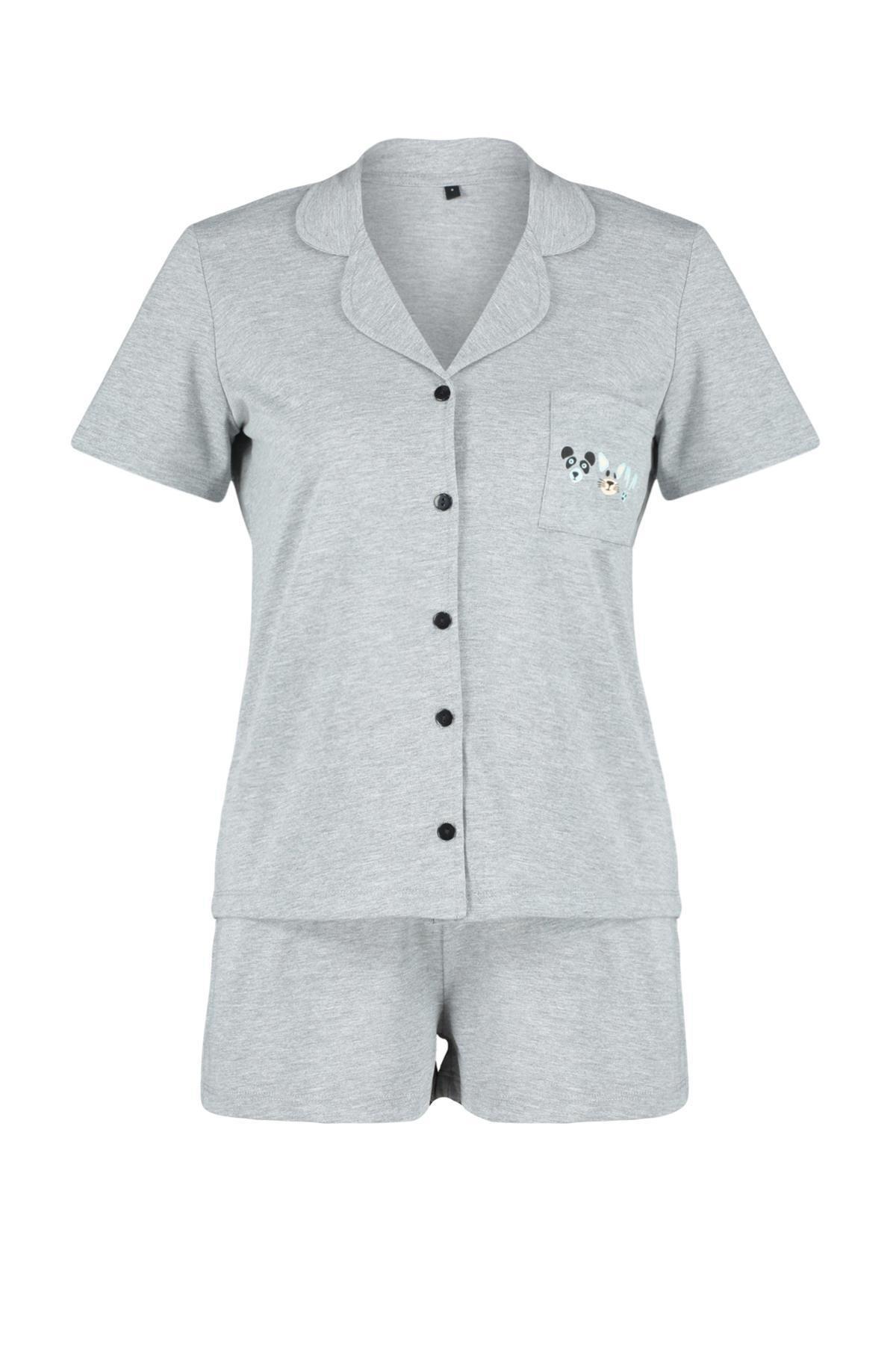 Trendyol - Gray Animal Printed Knitted Pyjamas Set