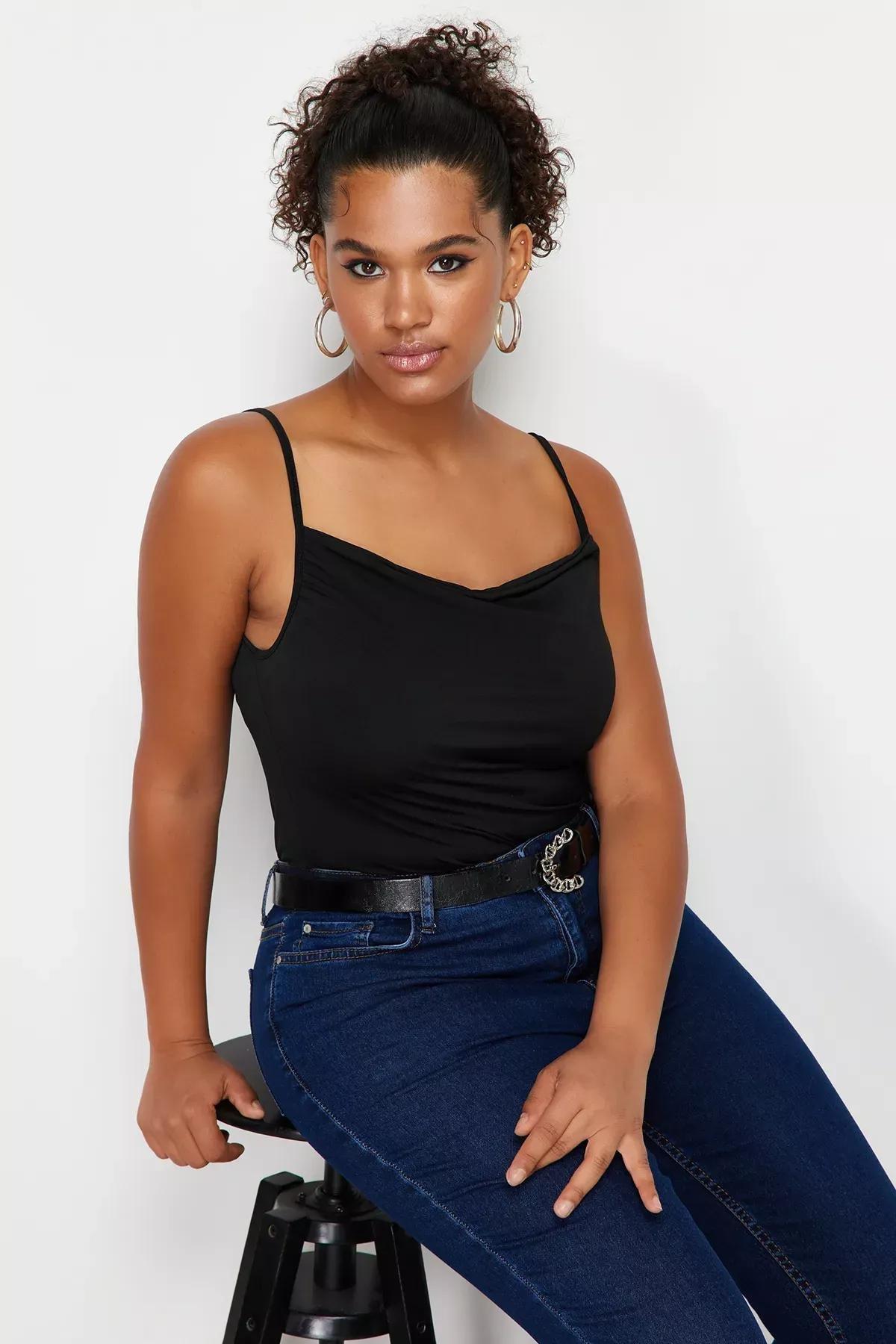 Black Strap Detail Collar Knitted Blouse, BLACK, large image number 0