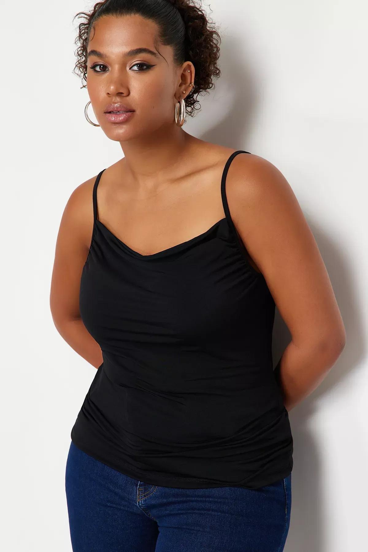 Black Strap Detail Collar Knitted Blouse, BLACK, large image number 1