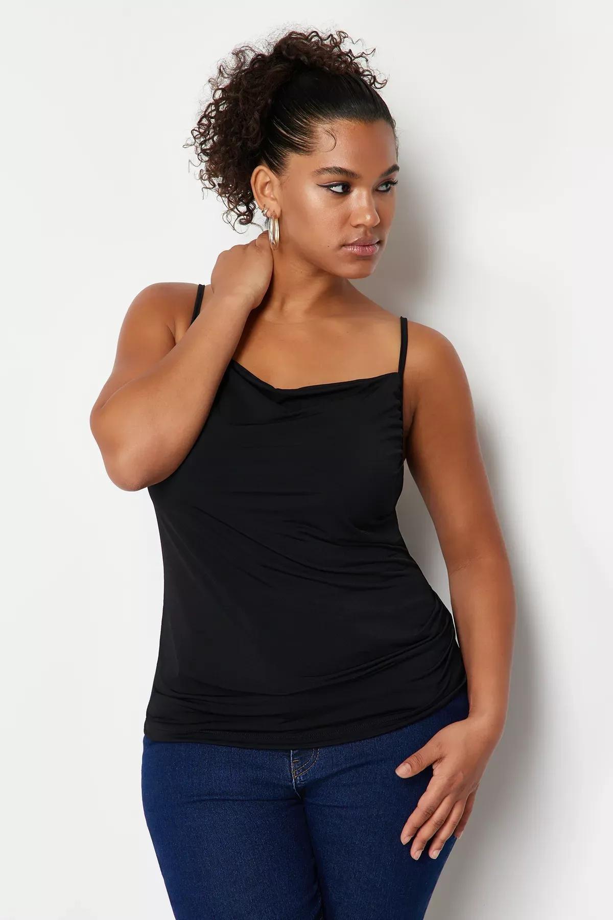 Black Strap Detail Collar Knitted Blouse, BLACK, large image number 2