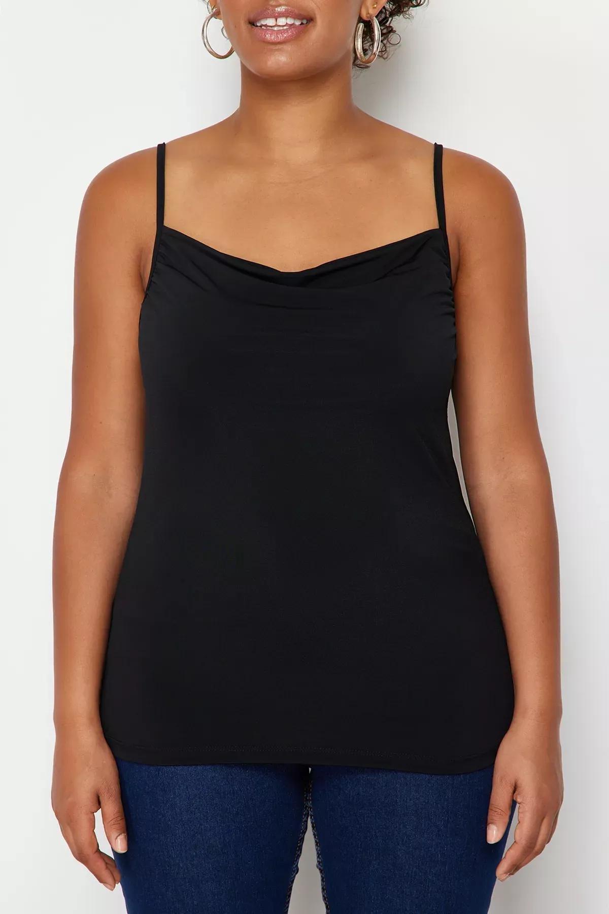 Black Strap Detail Collar Knitted Blouse, BLACK, large image number 3