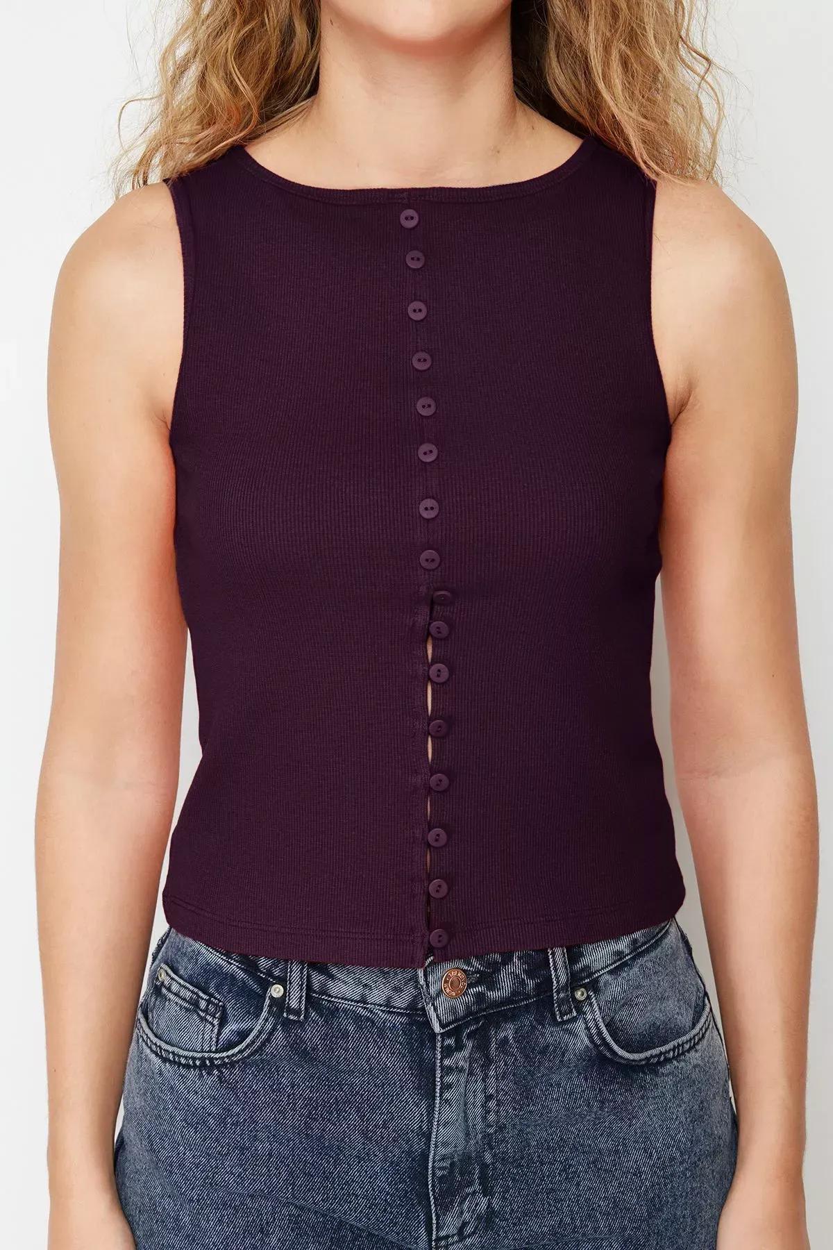 Purple Buttons Elastic Knit Blouse, , large image number 3