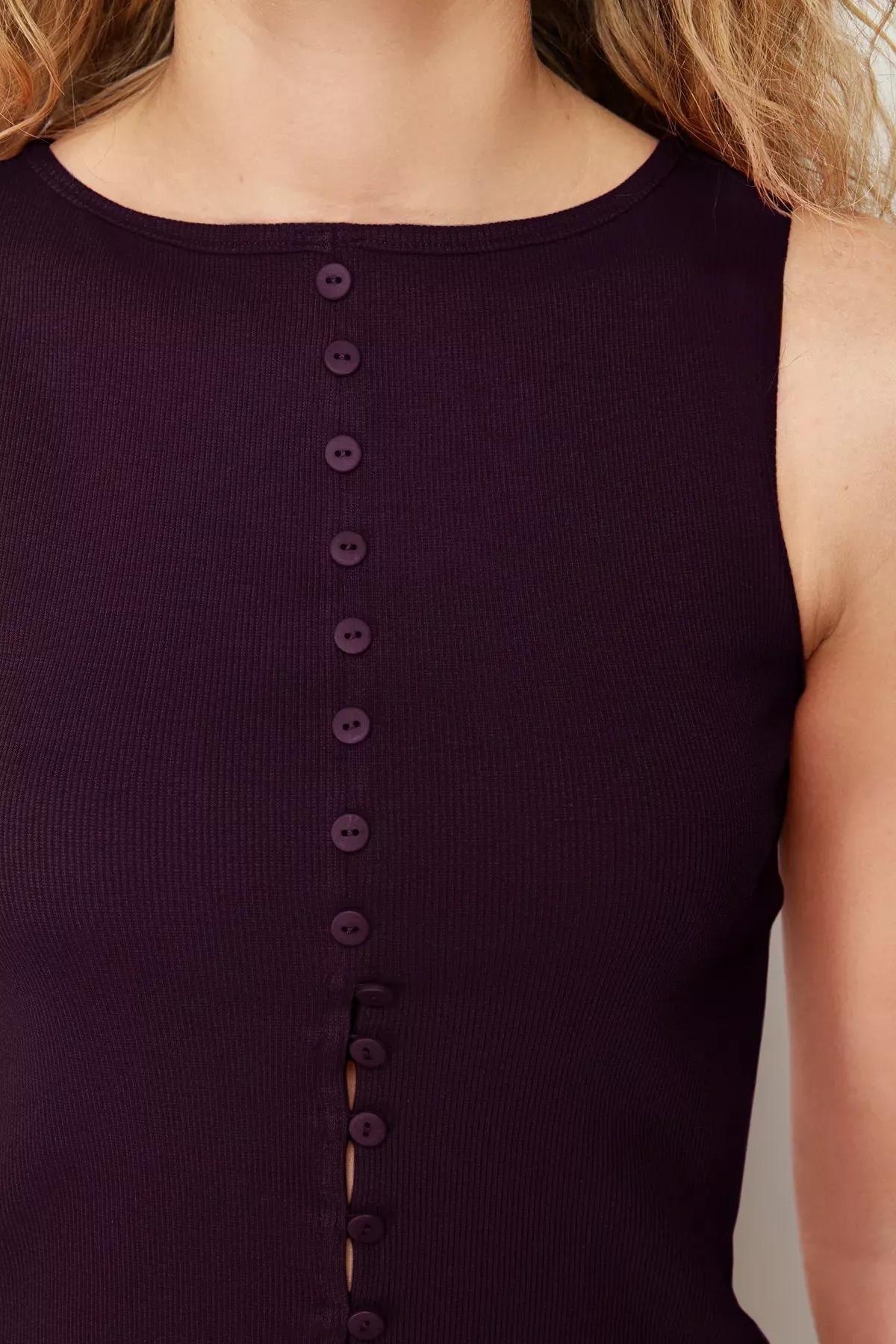 Purple Buttons Elastic Knit Blouse, , large image number 4