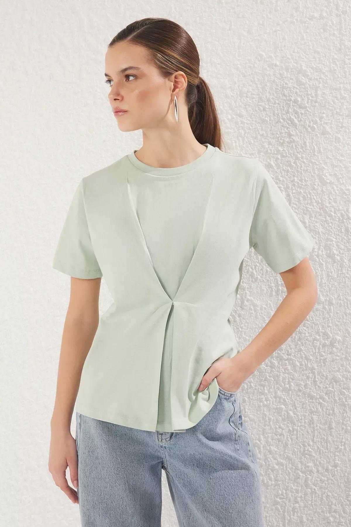 Green Pleated Crew Neck Knit Blouse, Mint, large image number 0
